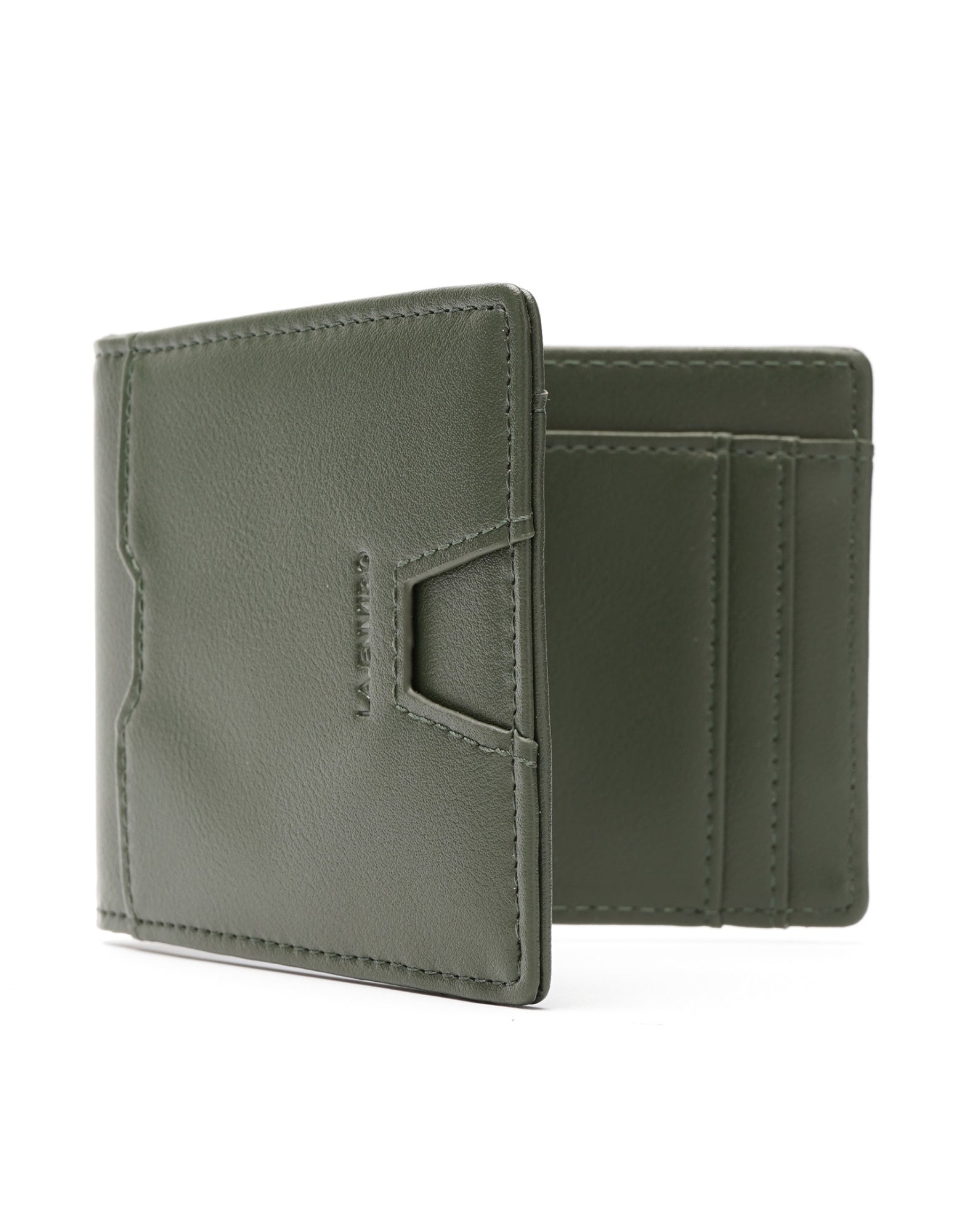 YAMBA Wallet I Green made from high-quality vegan leather, featuring a slim bifold design with a money clip and coin pocket.