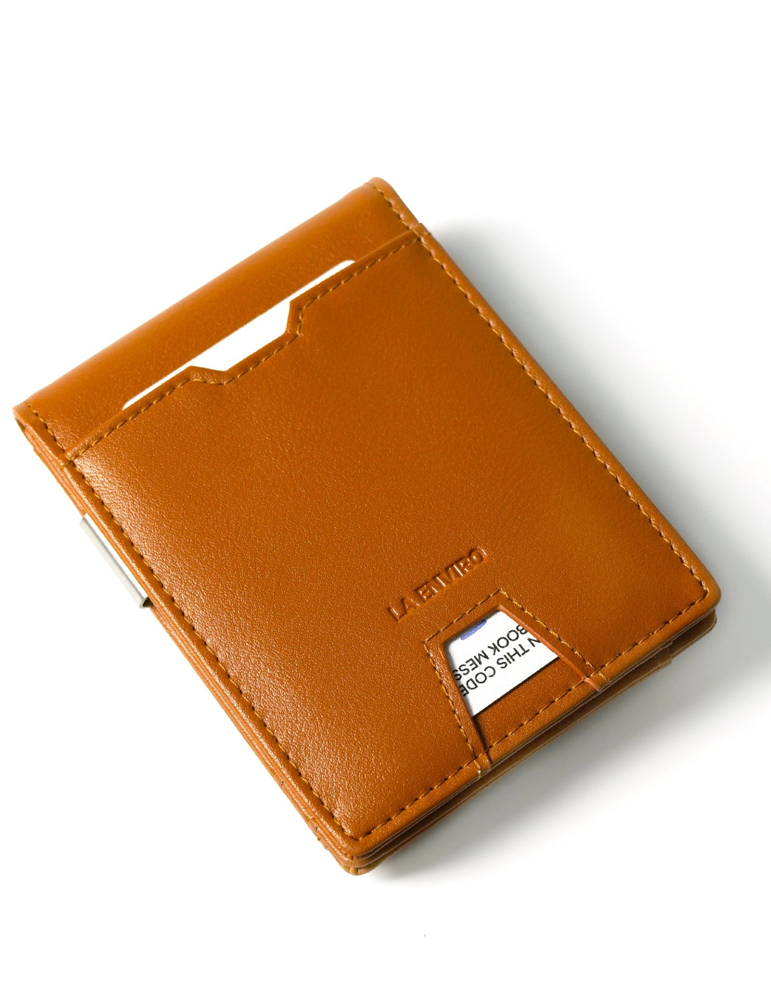 YAMBA Wallet I Tan made from high-quality vegan leather, featuring a slim bifold design with card slots, money clip, and coin pocket.