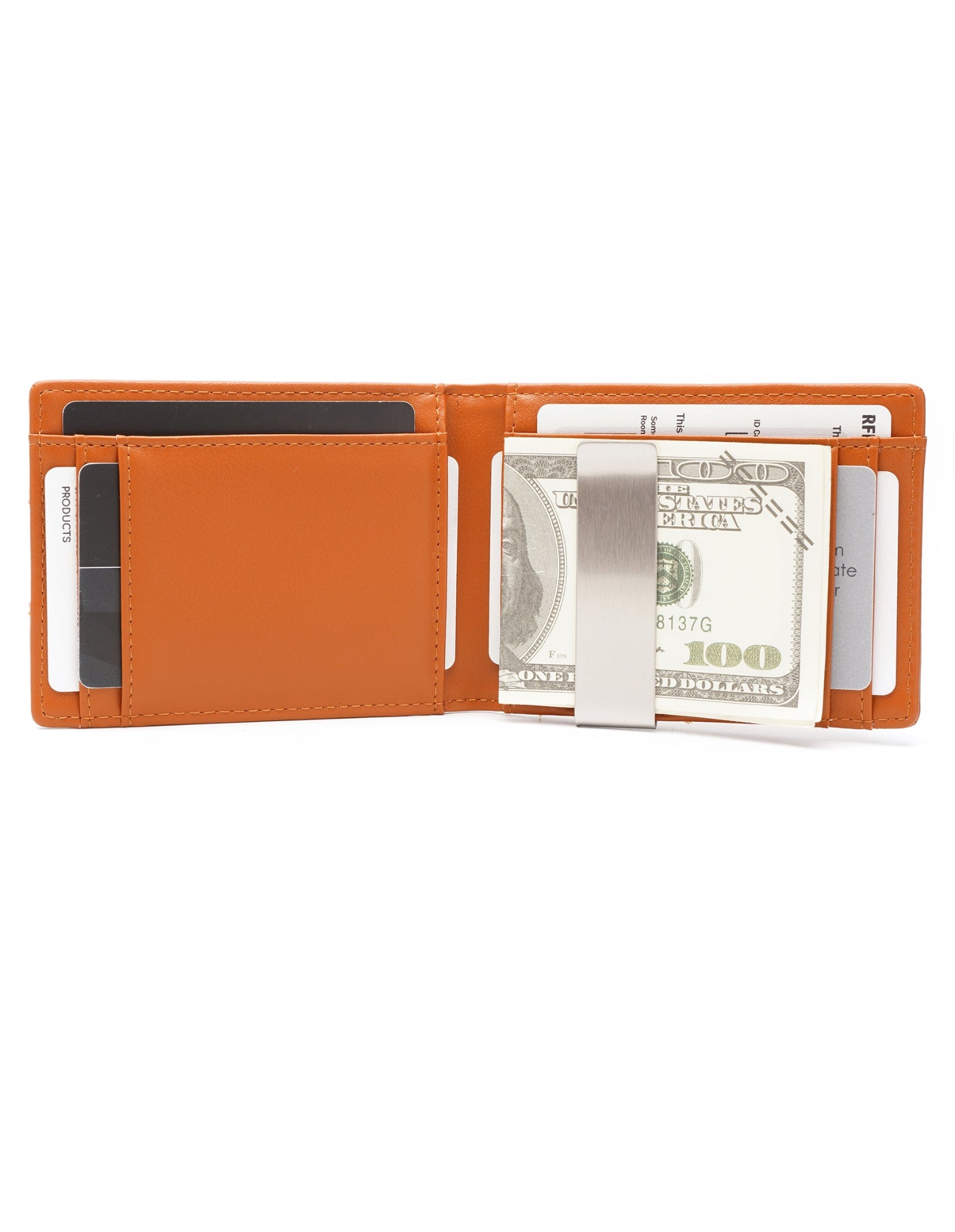 YAMBA Wallet I Tan made from high-quality vegan leather, featuring a slim bifold design with card slots, money clip, and coin pocket.