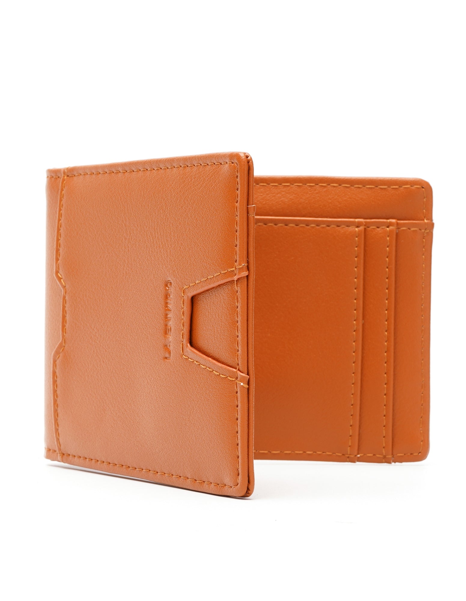 YAMBA Wallet I Tan made from high-quality vegan leather, featuring a slim bifold design with card slots, money clip, and coin pocket.