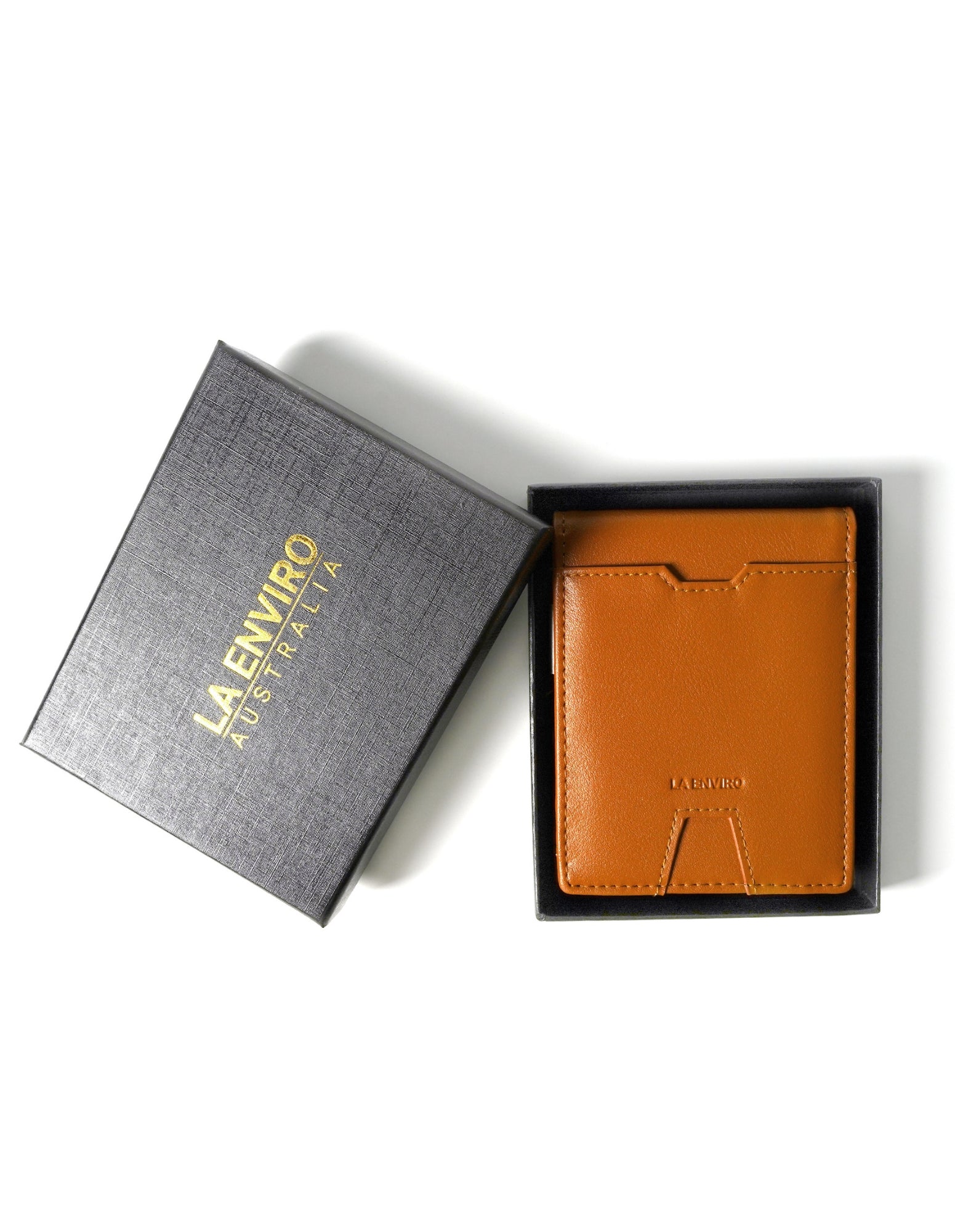 YAMBA Wallet I Tan made from high-quality vegan leather, featuring a slim bifold design with card slots, money clip, and coin pocket.