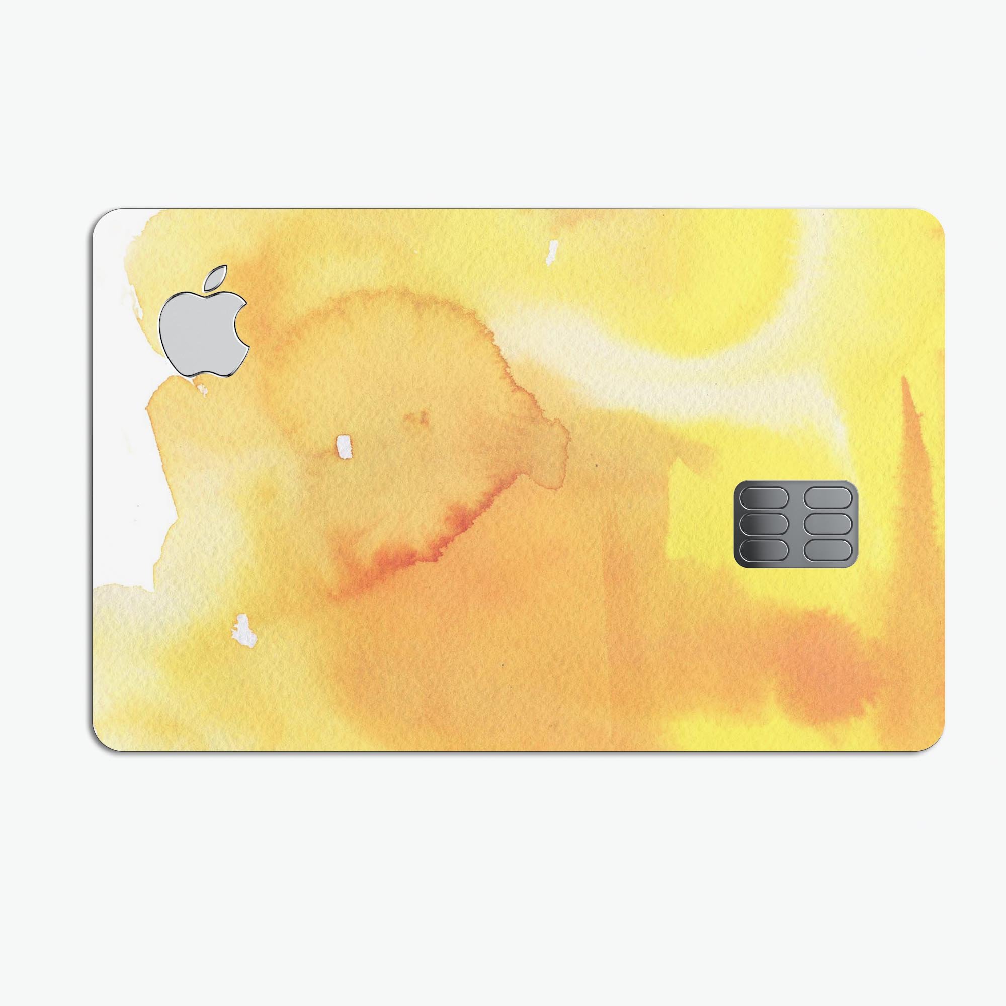 Yellow 53 Absorbed Watercolor Texture decal on an Apple Card, showcasing vibrant colors and a protective design.