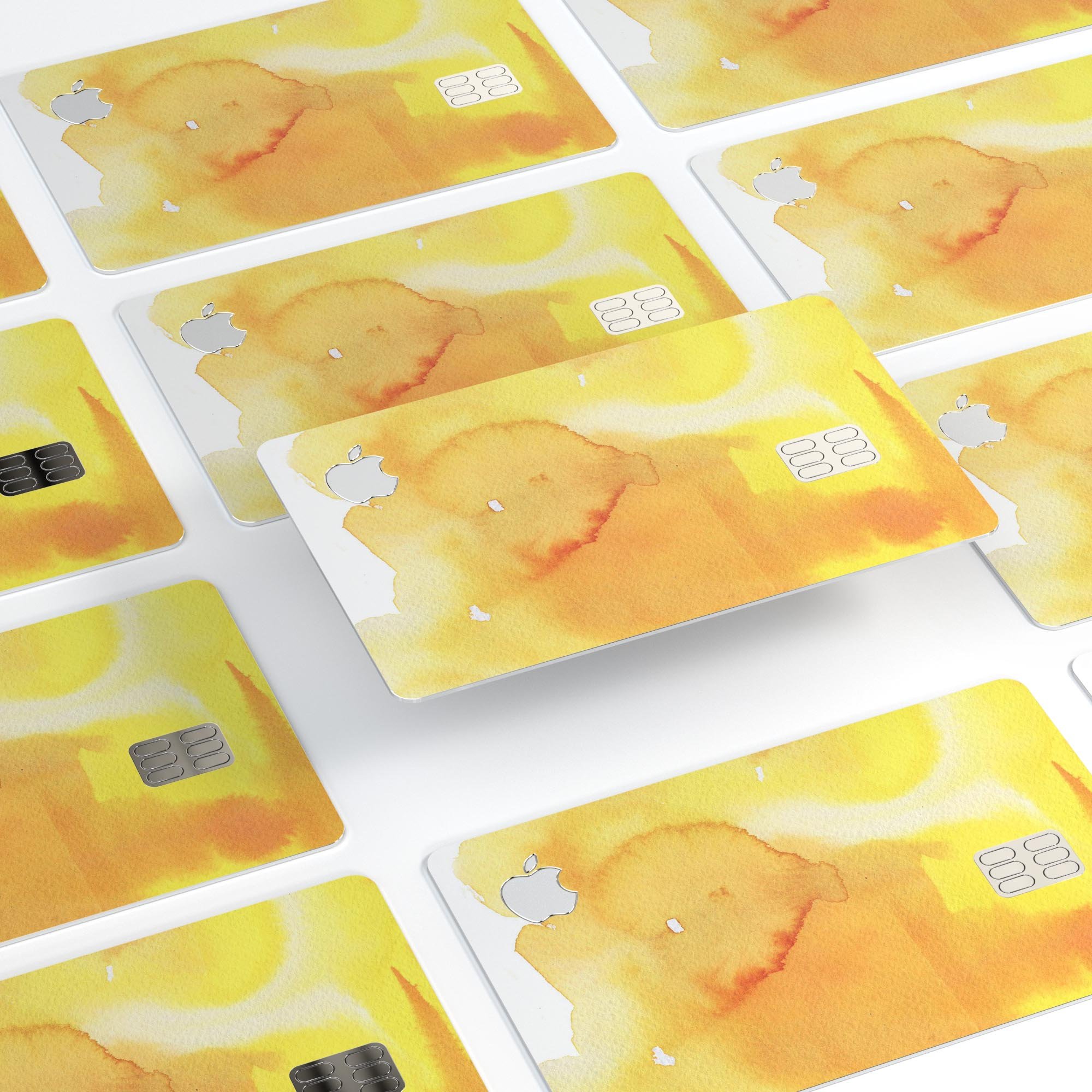 Yellow 53 Absorbed Watercolor Texture decal on an Apple Card, showcasing vibrant colors and a protective design.