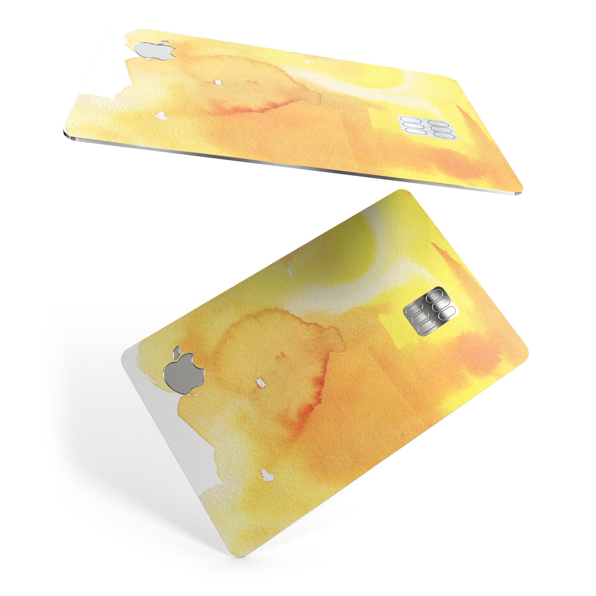 Yellow 53 Absorbed Watercolor Texture decal on an Apple Card, showcasing vibrant colors and a protective design.