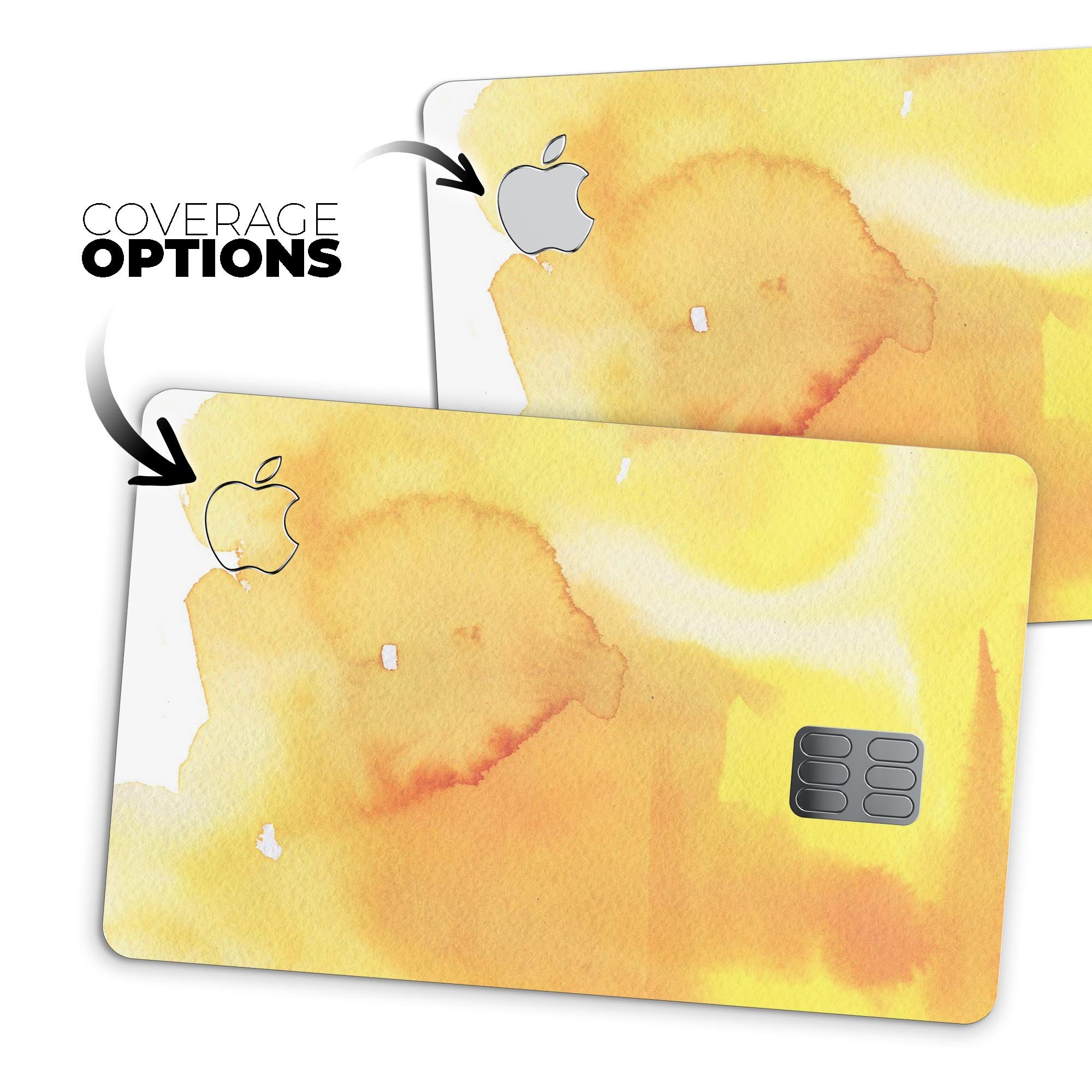 Yellow 53 Absorbed Watercolor Texture decal on an Apple Card, showcasing vibrant colors and a protective design.