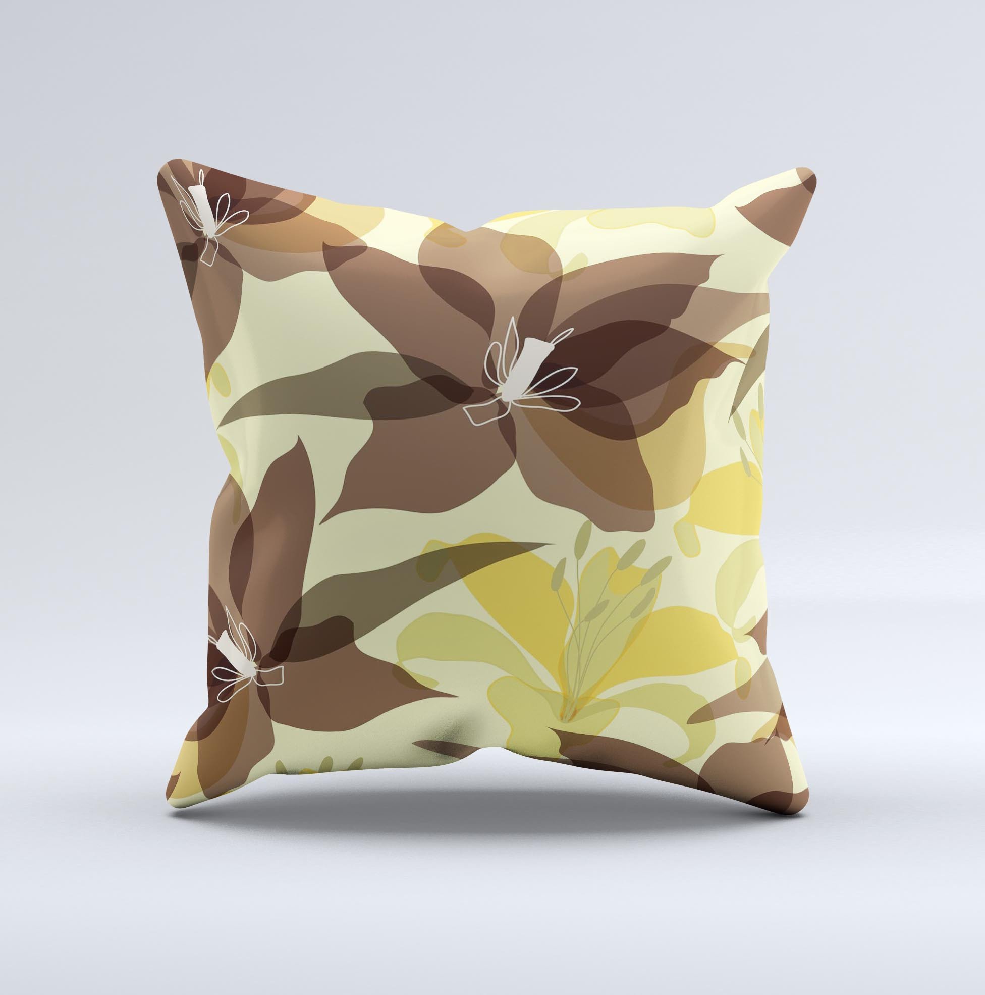 Yellow and brown pastel flowers decorative throw pillow, handcrafted with high thread count fabric and unique design.