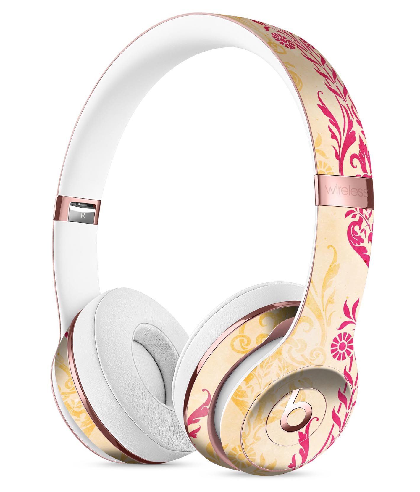 Yellow and Pink Floral Rococo Pattern Skin Kit for Beats by Dre Solo 3 Wireless Headphones, showcasing vibrant floral design.