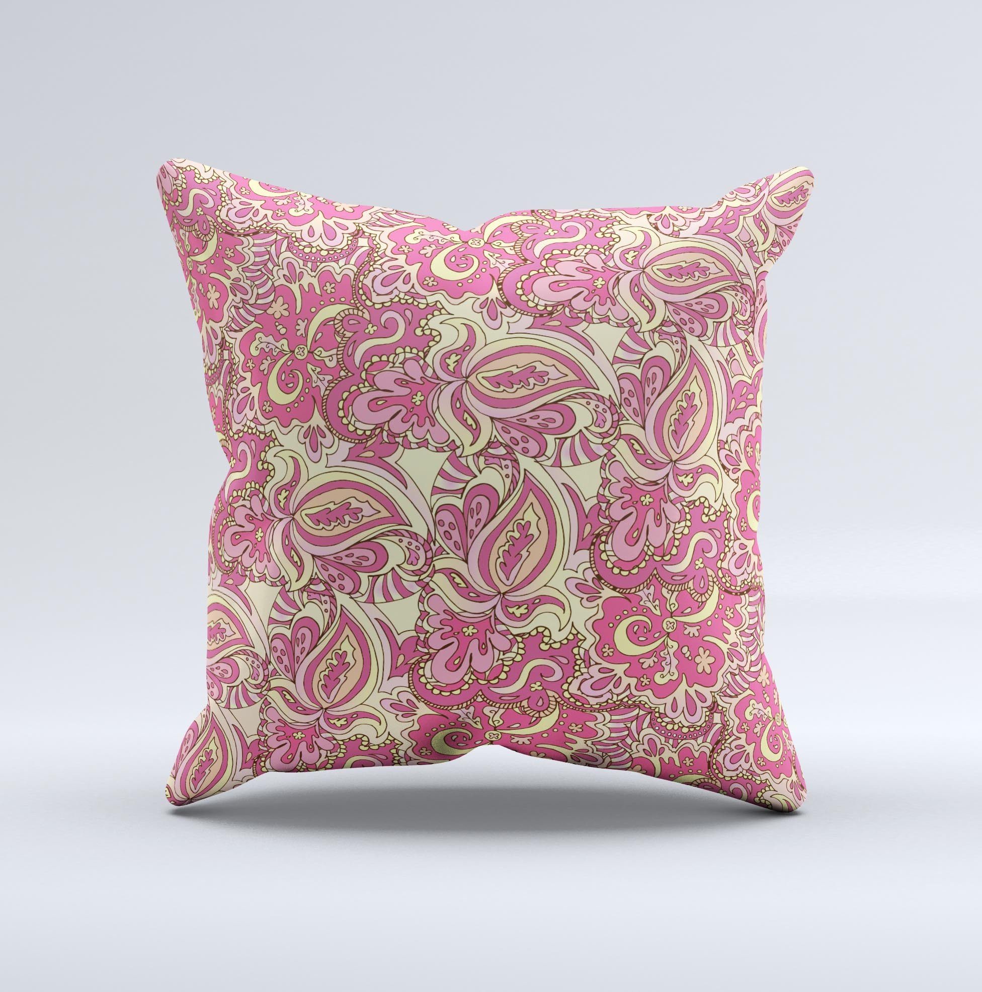 Yellow and pink paisley floral decorative throw pillow, handcrafted with high thread count fabric and polyester filling, showcasing unique design.