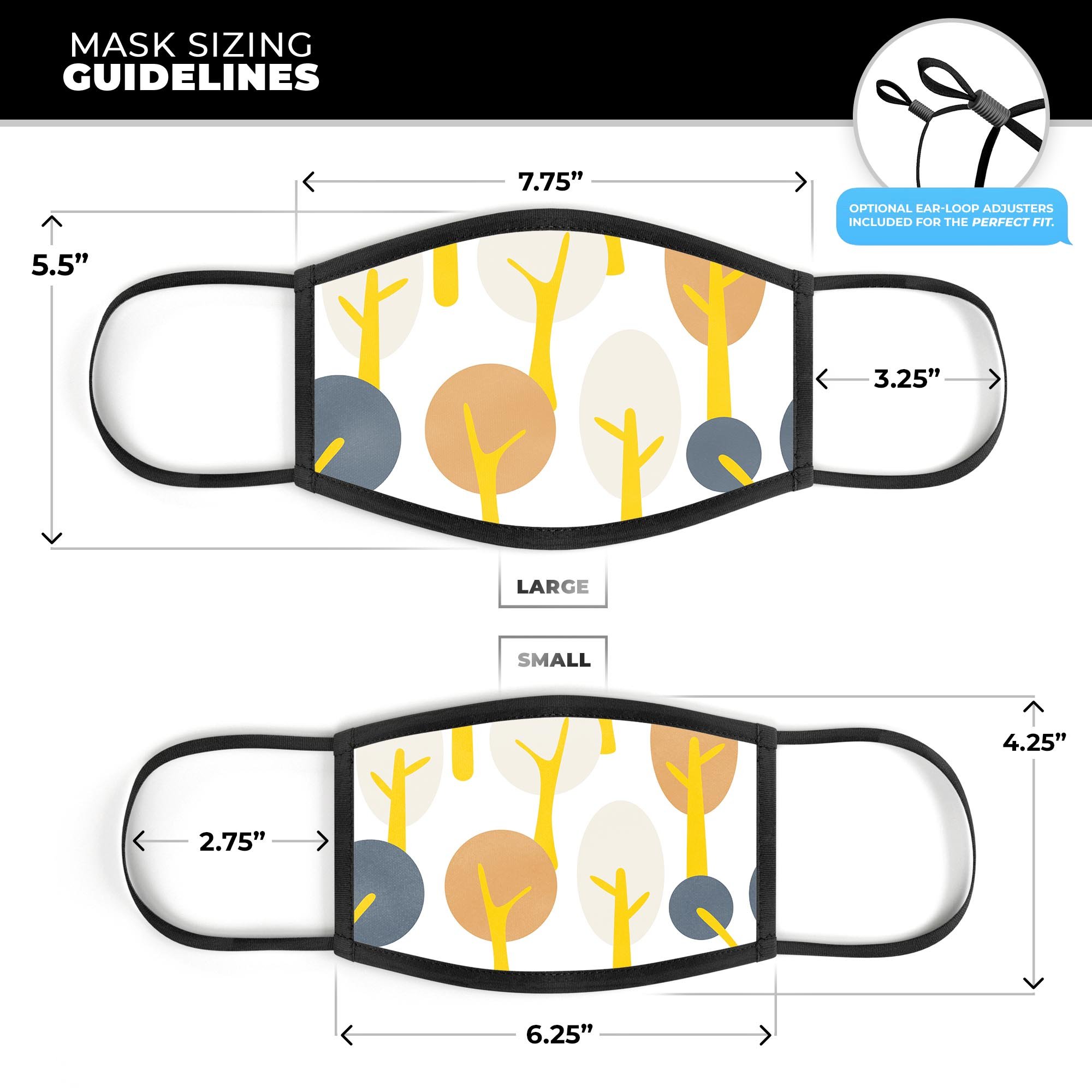 Yellow Cartoon Trees mouth cover, made in the USA, featuring a fun design with adjustable ear loops for a comfortable fit.