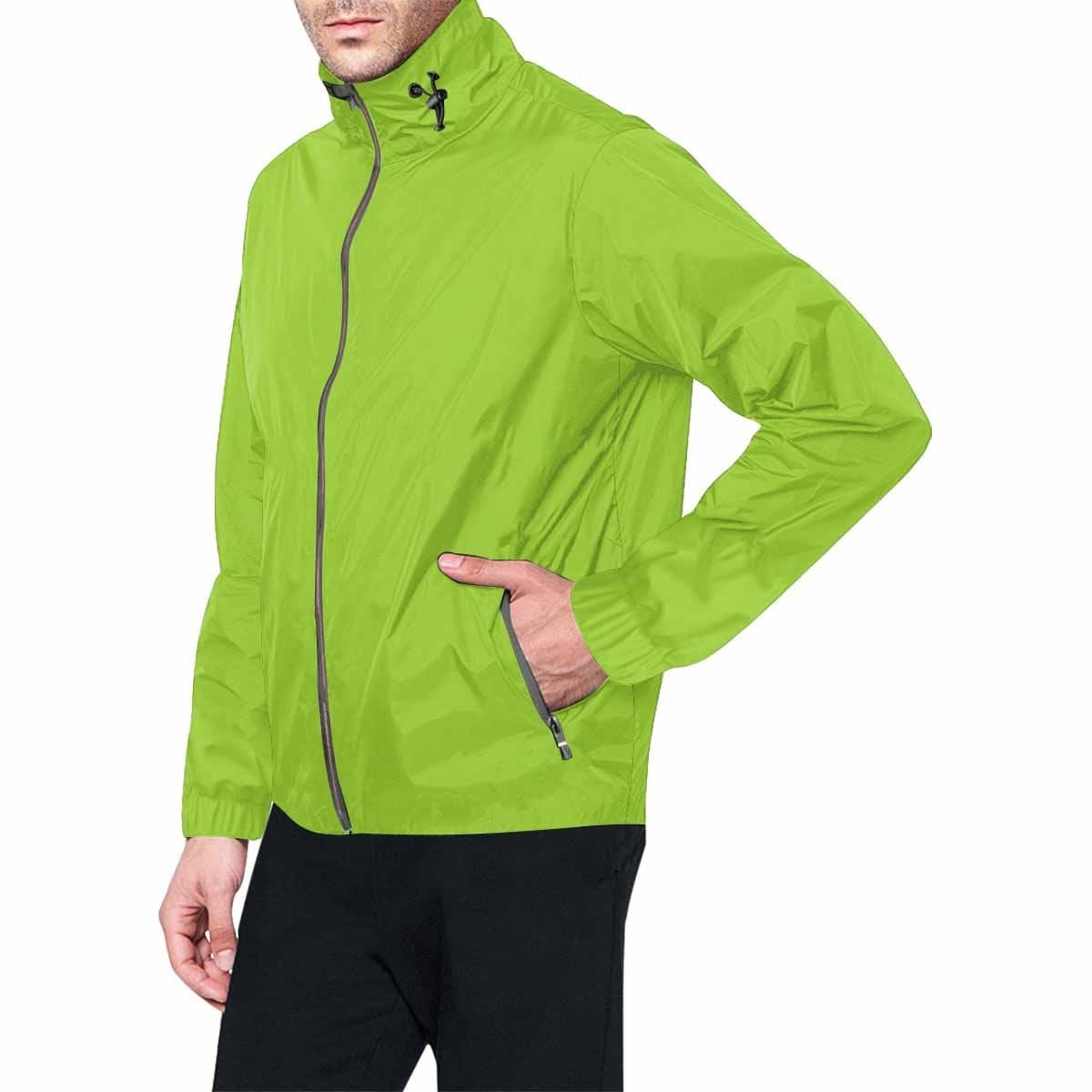 A vibrant yellow-green hooded windbreaker jacket for men and women, featuring a full zip, two zippered pockets, and adjustable hood.