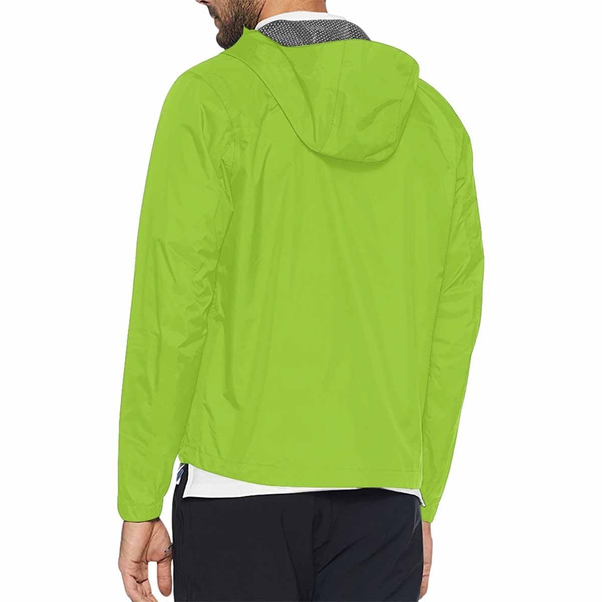 A vibrant yellow-green hooded windbreaker jacket for men and women, featuring a full zip, two zippered pockets, and adjustable hood.