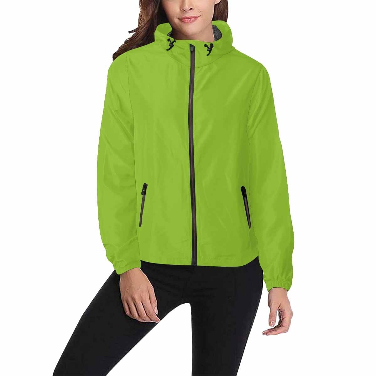 A vibrant yellow-green hooded windbreaker jacket for men and women, featuring a full zip, two zippered pockets, and adjustable hood.