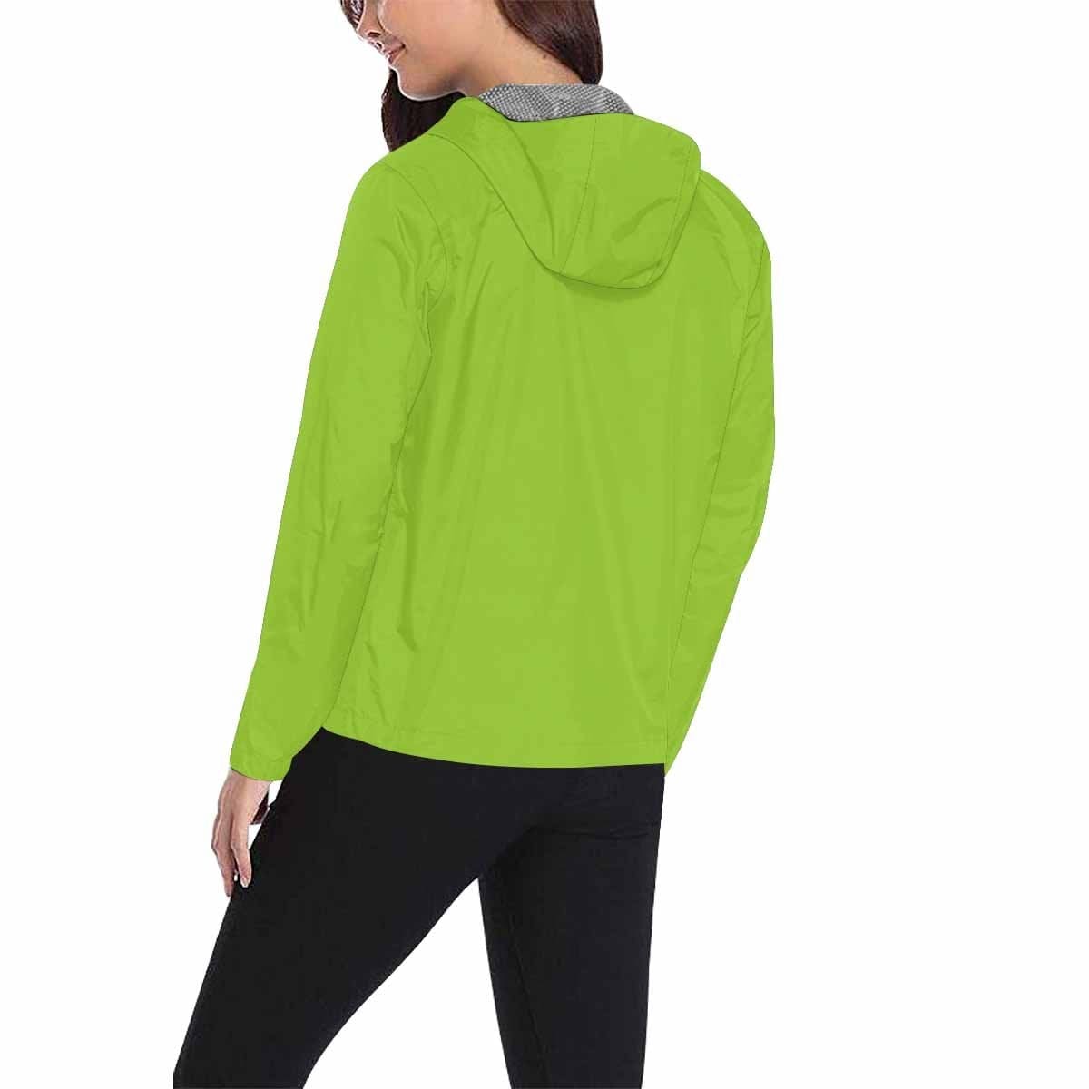 A vibrant yellow-green hooded windbreaker jacket for men and women, featuring a full zip, two zippered pockets, and adjustable hood.