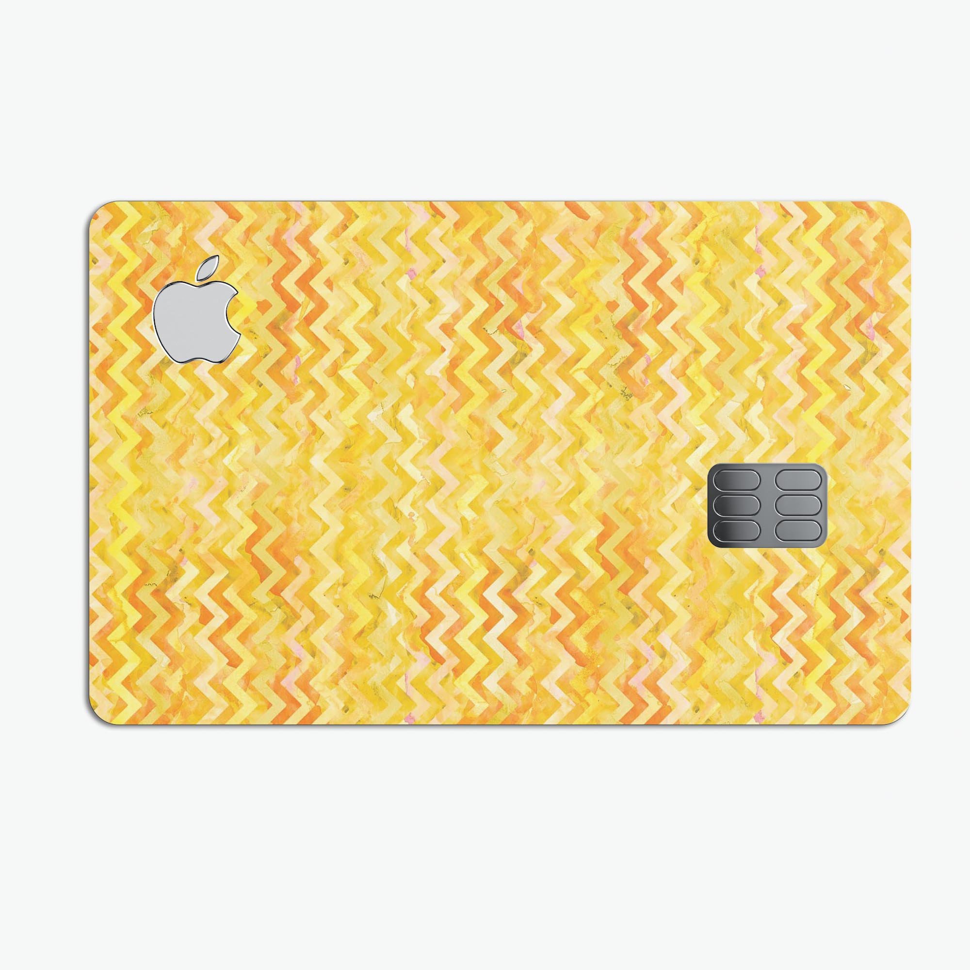 Yellow Multi Watercolor Chevron decal skin for Apple Card, showcasing vibrant colors and protective features.