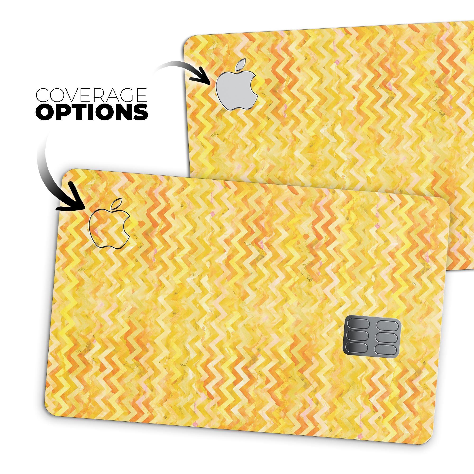 Yellow Multi Watercolor Chevron decal skin for Apple Card, showcasing vibrant colors and protective features.