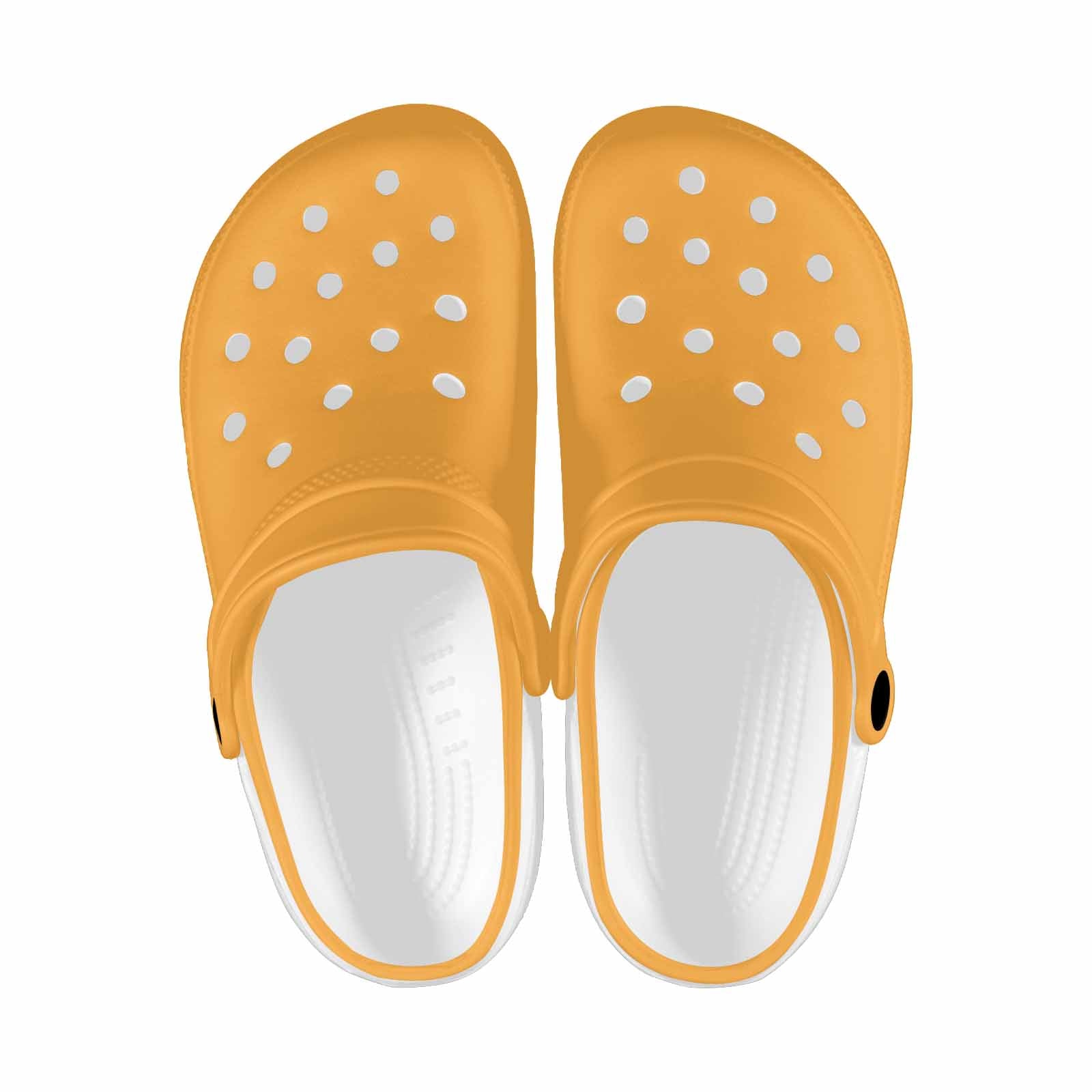 A pair of vibrant yellow-orange adult clogs made from lightweight EVA material, featuring ventilation ports and pivoting heel straps.