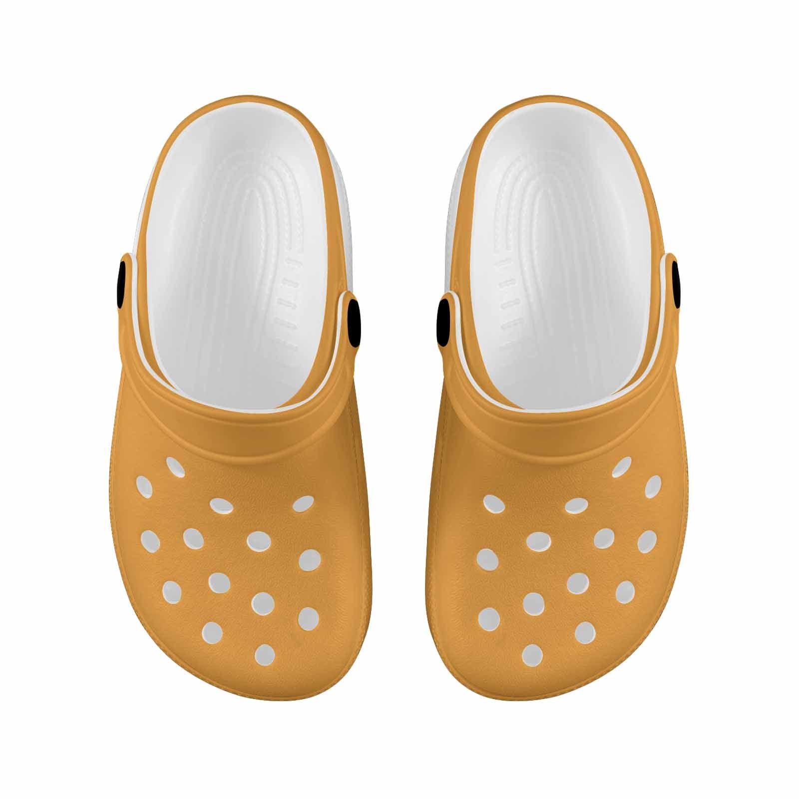 Bright yellow and orange kids clogs made from lightweight EVA material, featuring ventilation ports and pivoting heel straps for a secure fit.