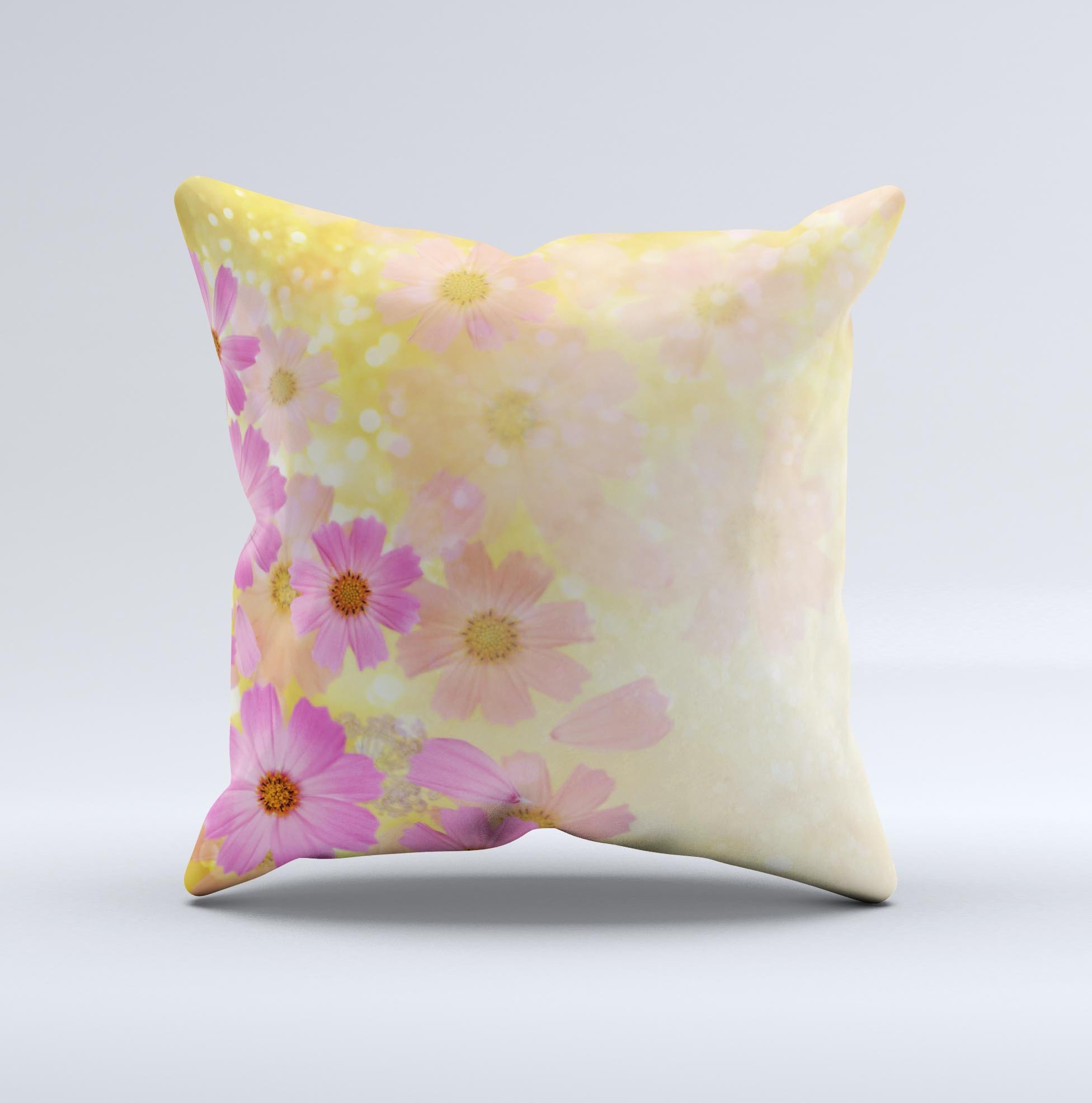 Yellow and pink decorative throw pillow with floral design, handcrafted in Virginia, showcasing unique ink-fuzed graphics.