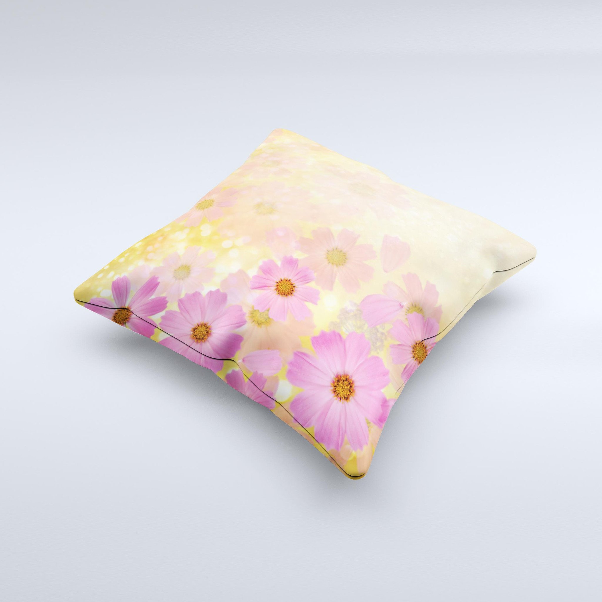 Yellow and pink decorative throw pillow with floral design, handcrafted in Virginia, showcasing unique ink-fuzed graphics.