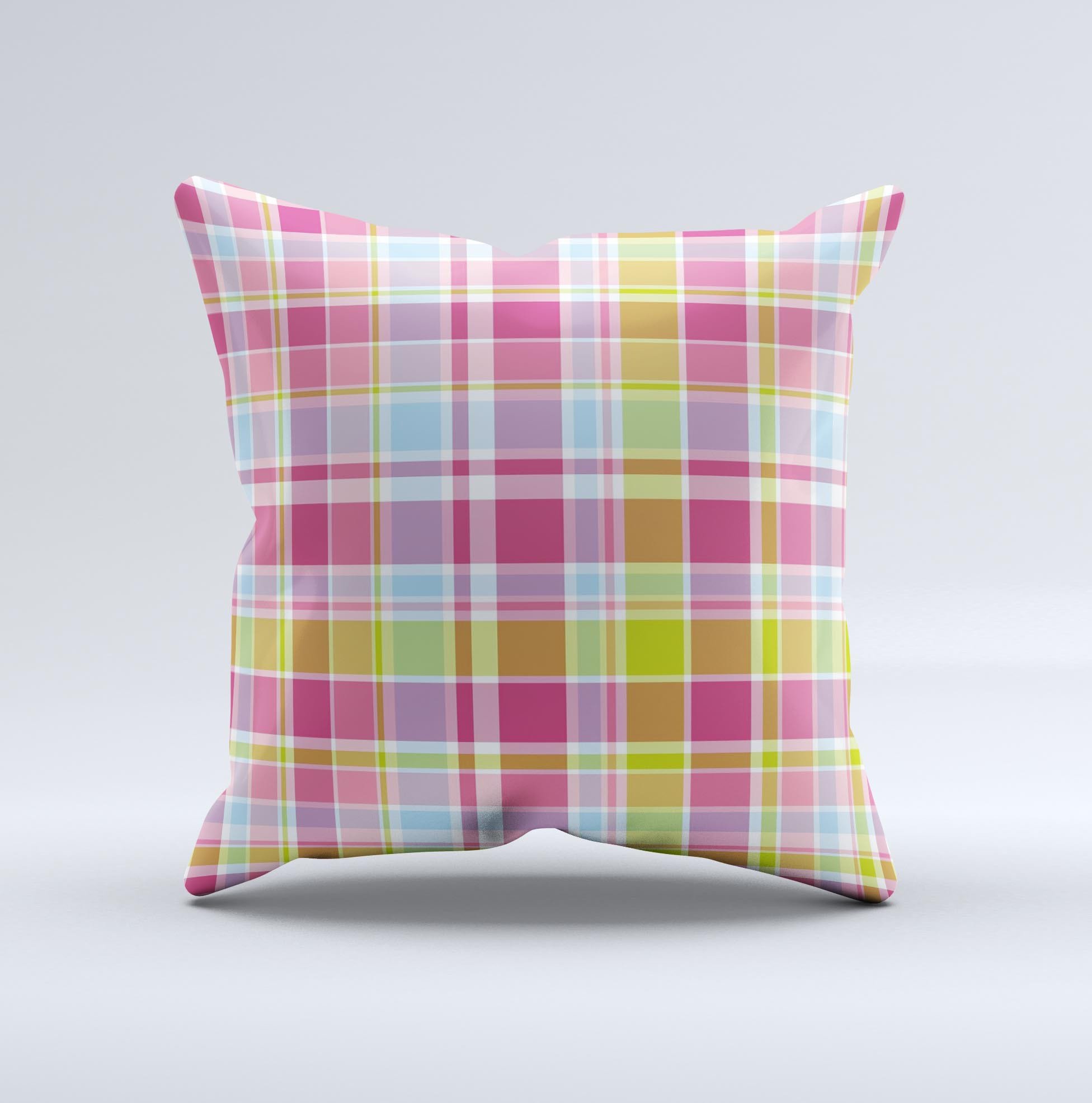 A vibrant yellow and pink plaid decorative throw pillow, handcrafted in Virginia, showcasing unique patterns and high-quality fabric.