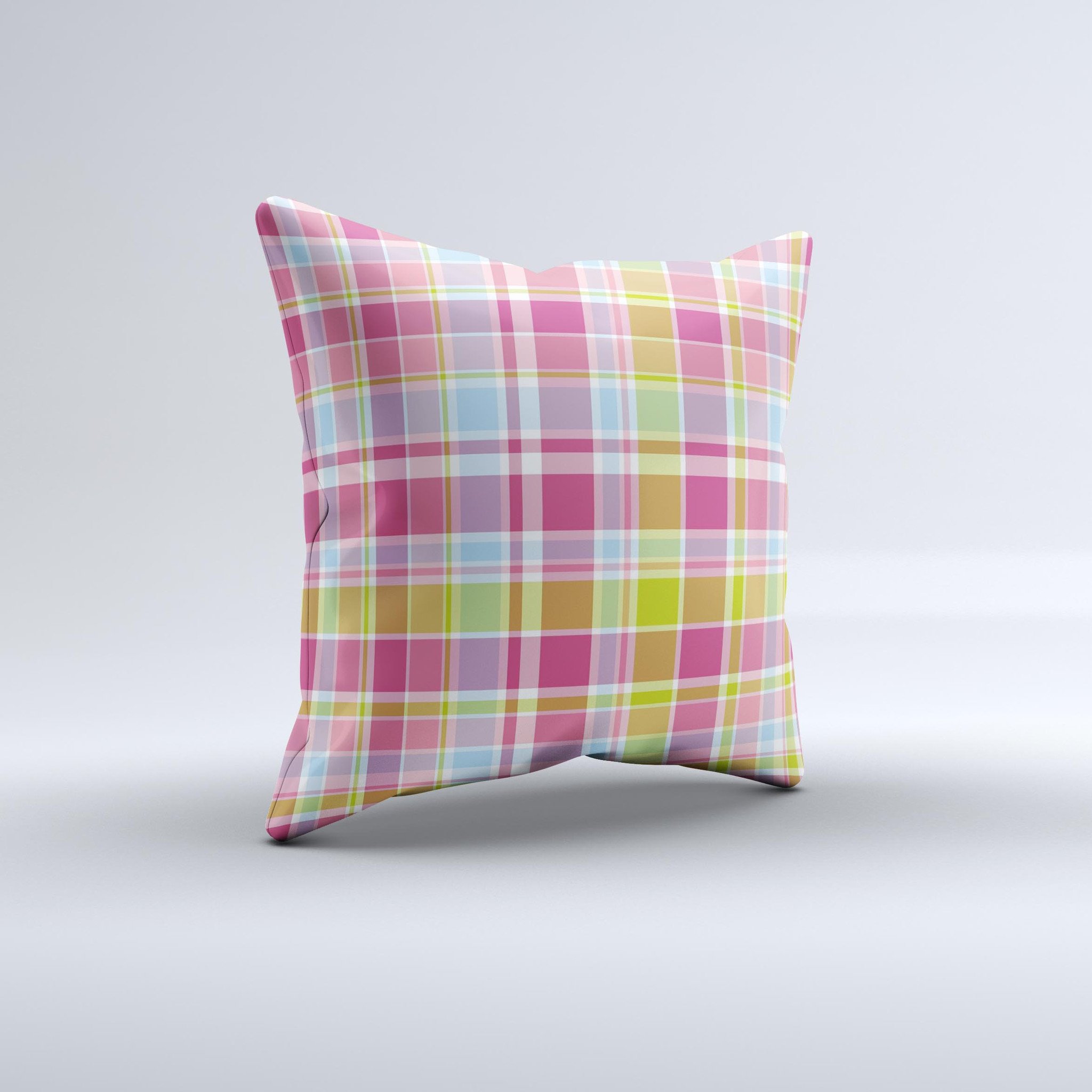 A vibrant yellow and pink plaid decorative throw pillow, handcrafted in Virginia, showcasing unique patterns and high-quality fabric.