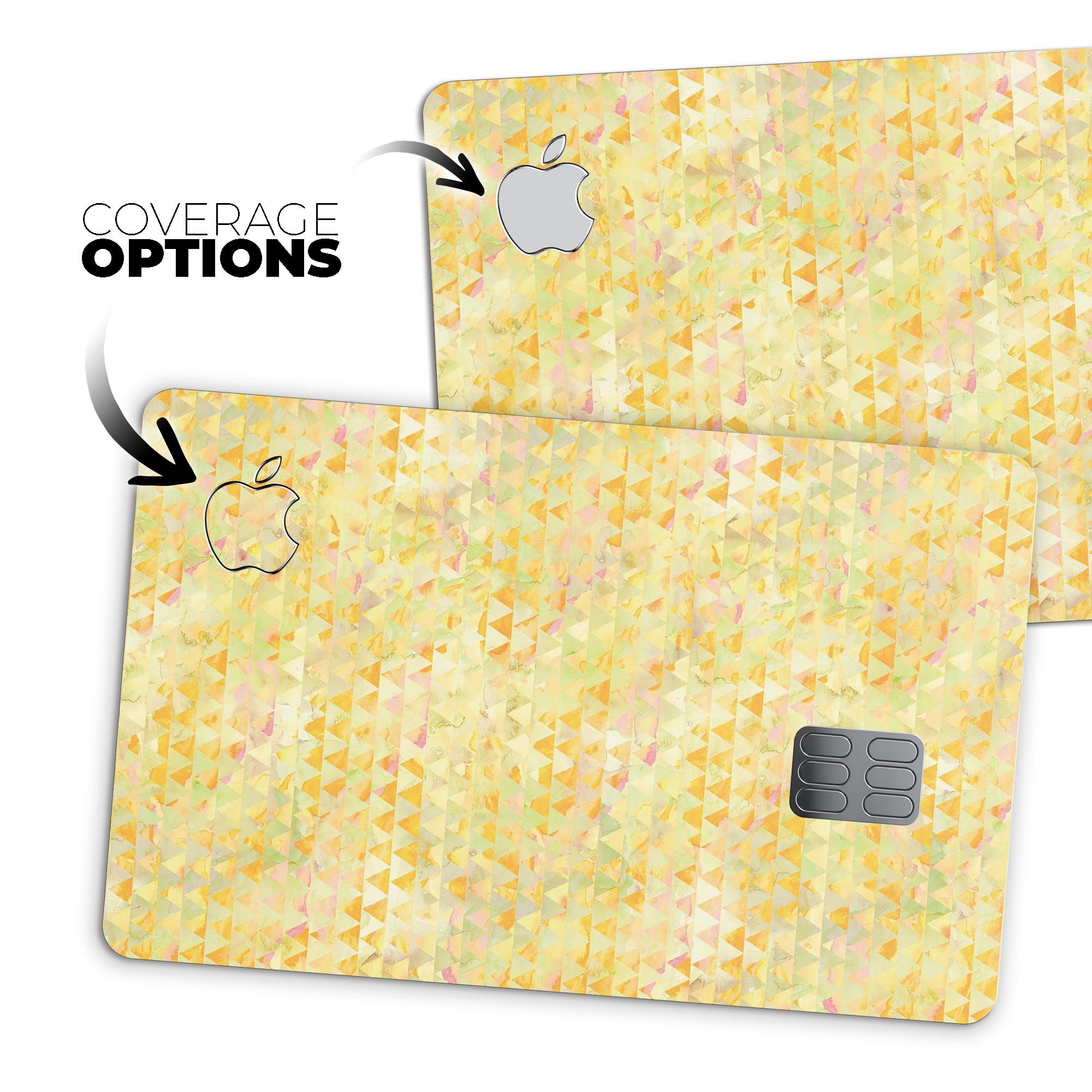 Yellow textured triangle pattern decal skin for Apple Card, showcasing vibrant design and premium quality.