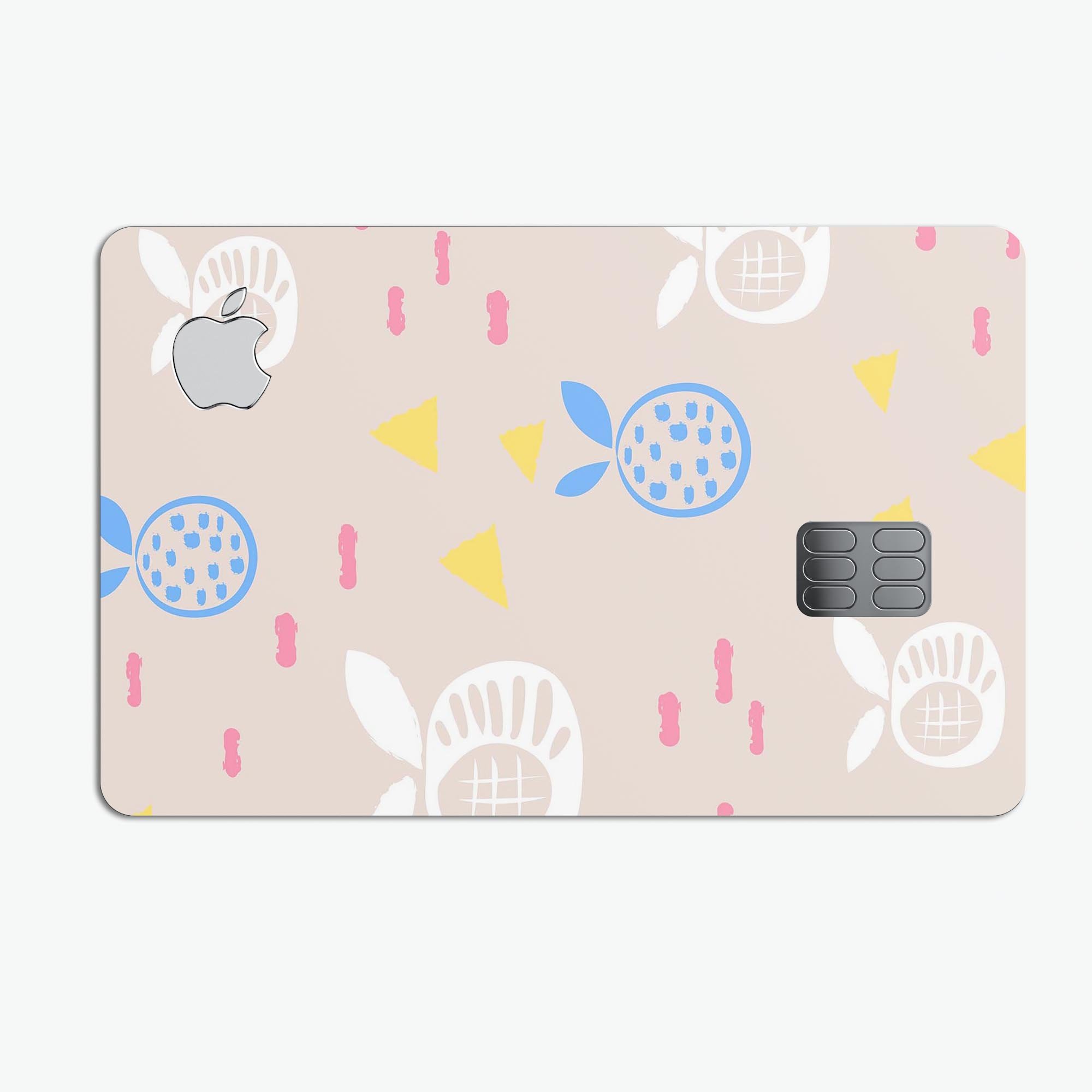 Yellow Triangles with Fruit decal skin-kit for Apple Card, showcasing vibrant design and premium vinyl material.