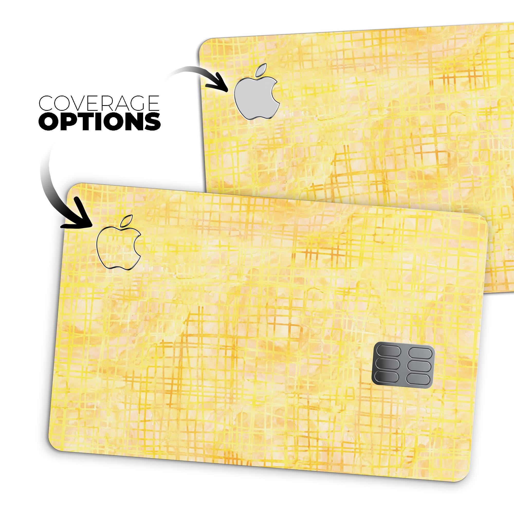 Yellow Watercolor Cross Hatch decal skin applied to an Apple Card, showcasing its vibrant design and protective features.