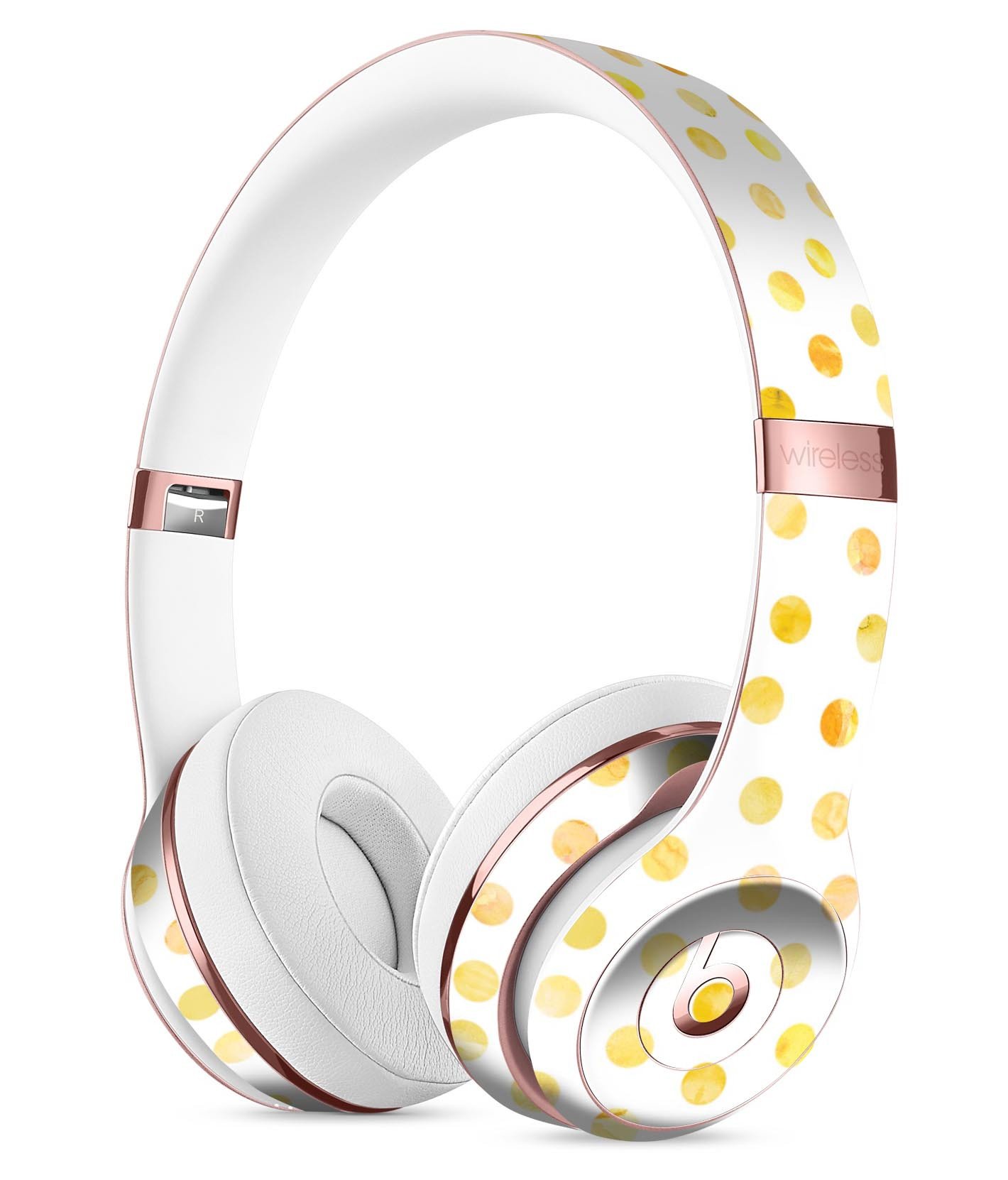 Yellow watercolor dots skin kit for Beats by Dre Solo 3 Wireless Headphones, showcasing vibrant colors and precise cut for a perfect fit.