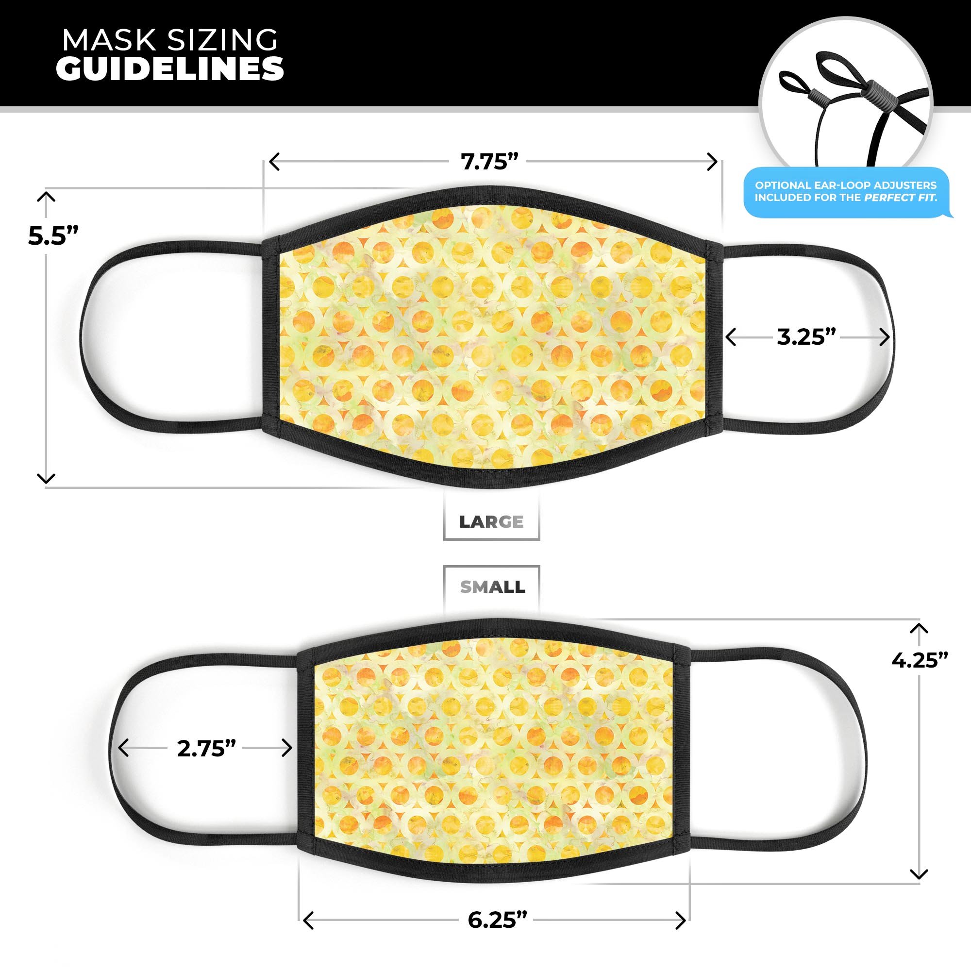 Yellow watercolor ring pattern face mask, adjustable ear-loops, made in USA, comfortable cotton interior.