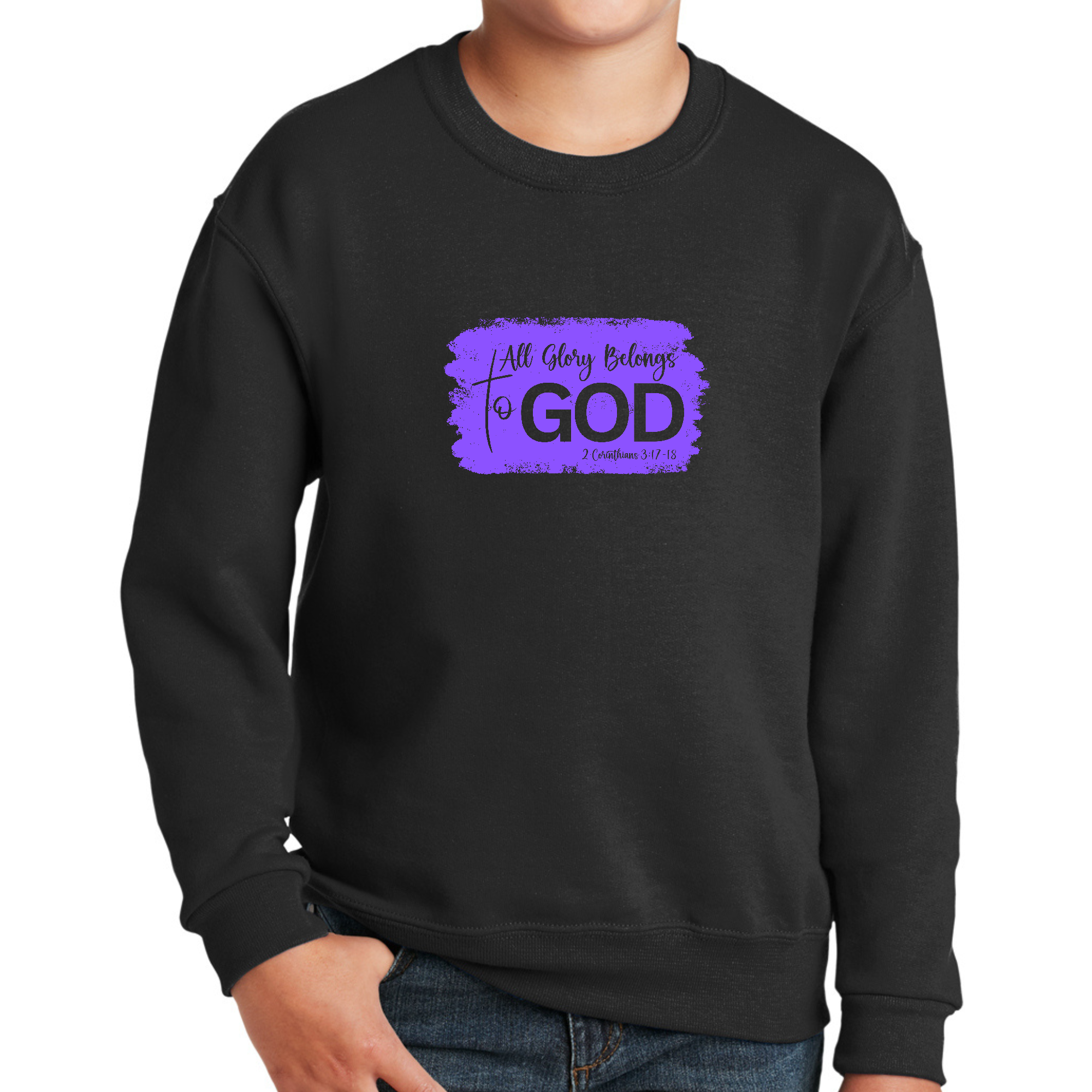 Lavender youth graphic sweatshirt featuring 'All Glory Belongs to God' illustration, showcasing a comfortable crewneck design.