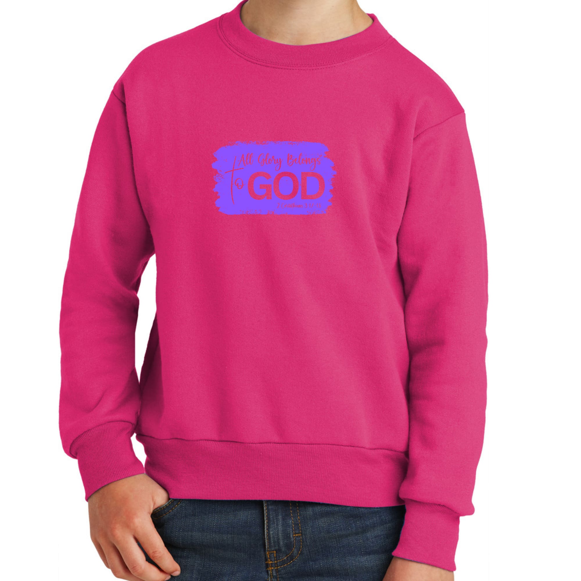 Lavender youth graphic sweatshirt featuring 'All Glory Belongs to God' illustration, showcasing a comfortable crewneck design.