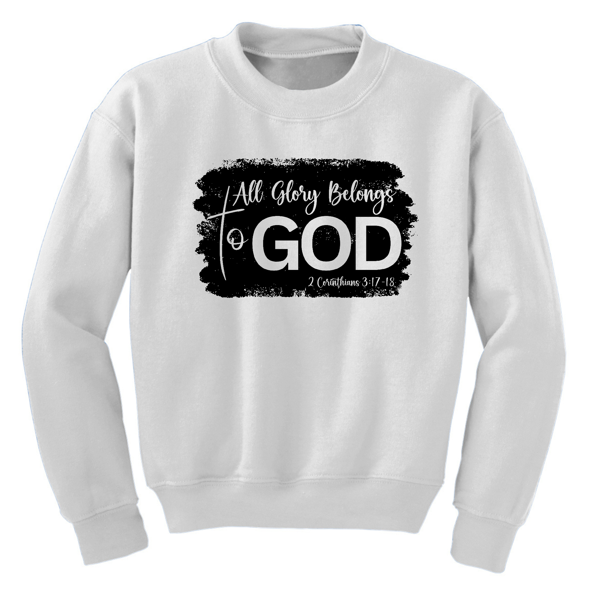 Youth graphic sweatshirt in black with 'All Glory Belongs to God' print, featuring long sleeves and ribbed collar.