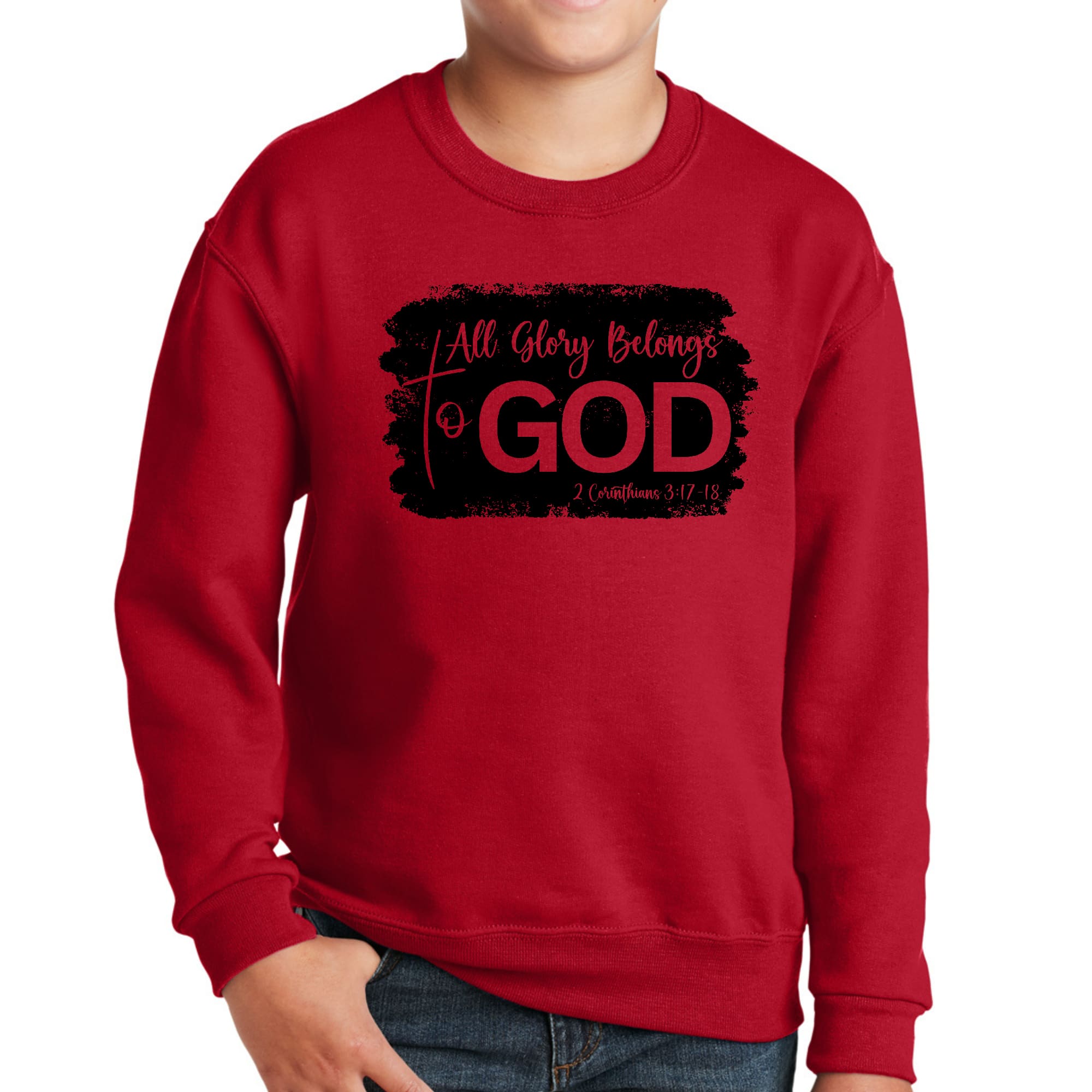 Youth graphic sweatshirt in black with 'All Glory Belongs to God' print, featuring long sleeves and ribbed collar.