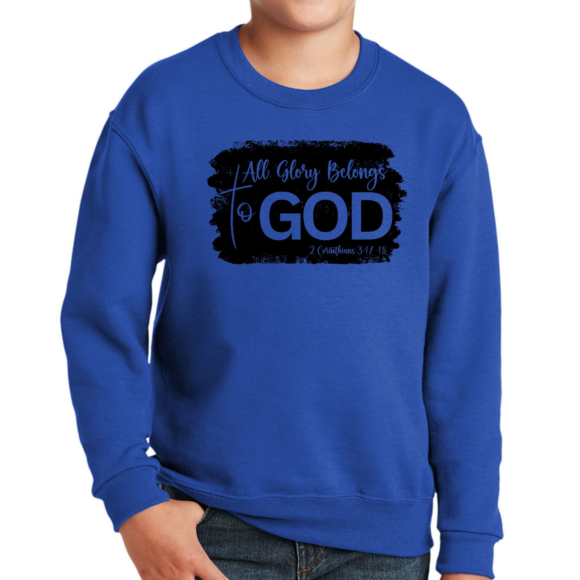 Youth graphic sweatshirt in black with 'All Glory Belongs to God' print, featuring long sleeves and ribbed collar.