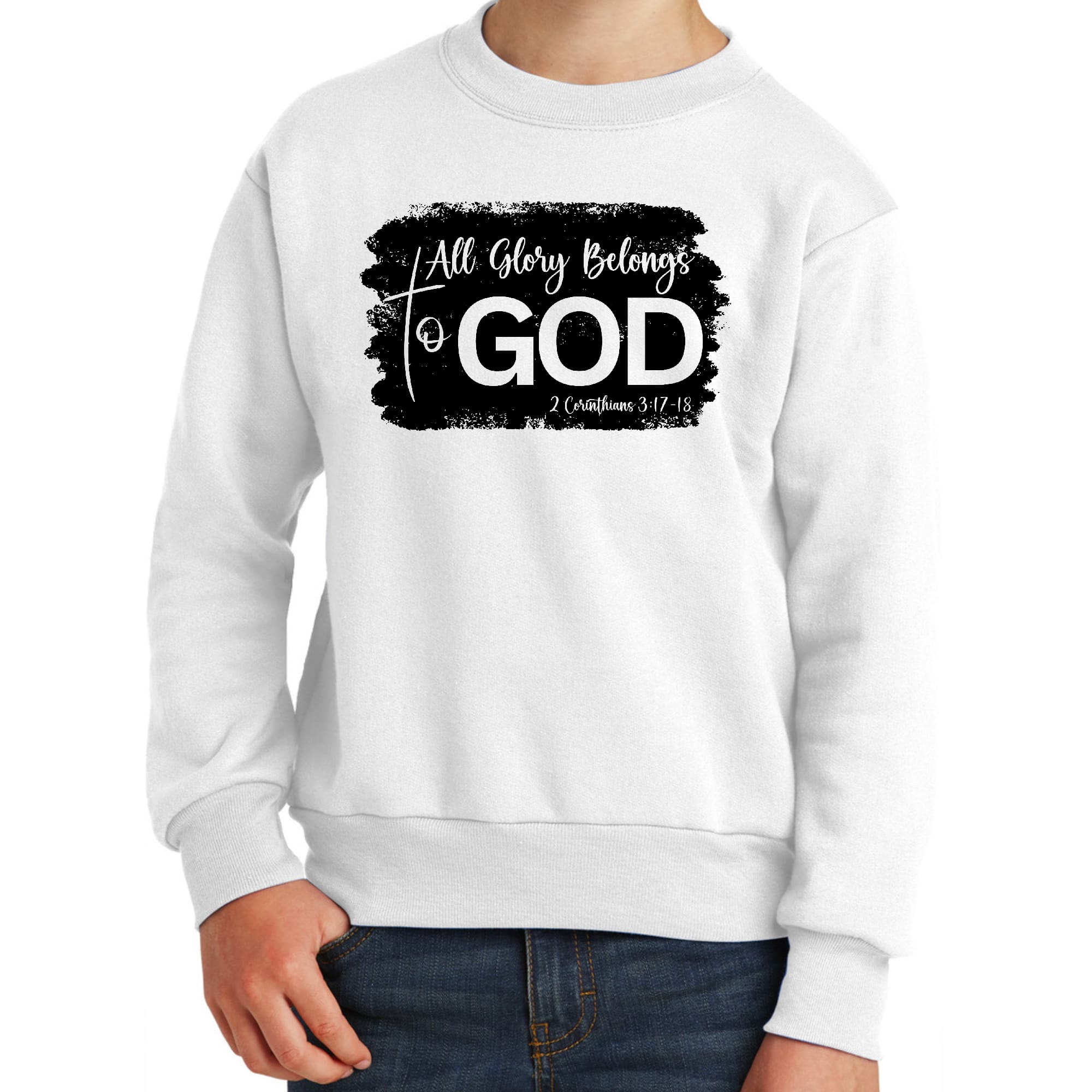 Youth graphic sweatshirt in black with 'All Glory Belongs to God' print, featuring long sleeves and ribbed collar.