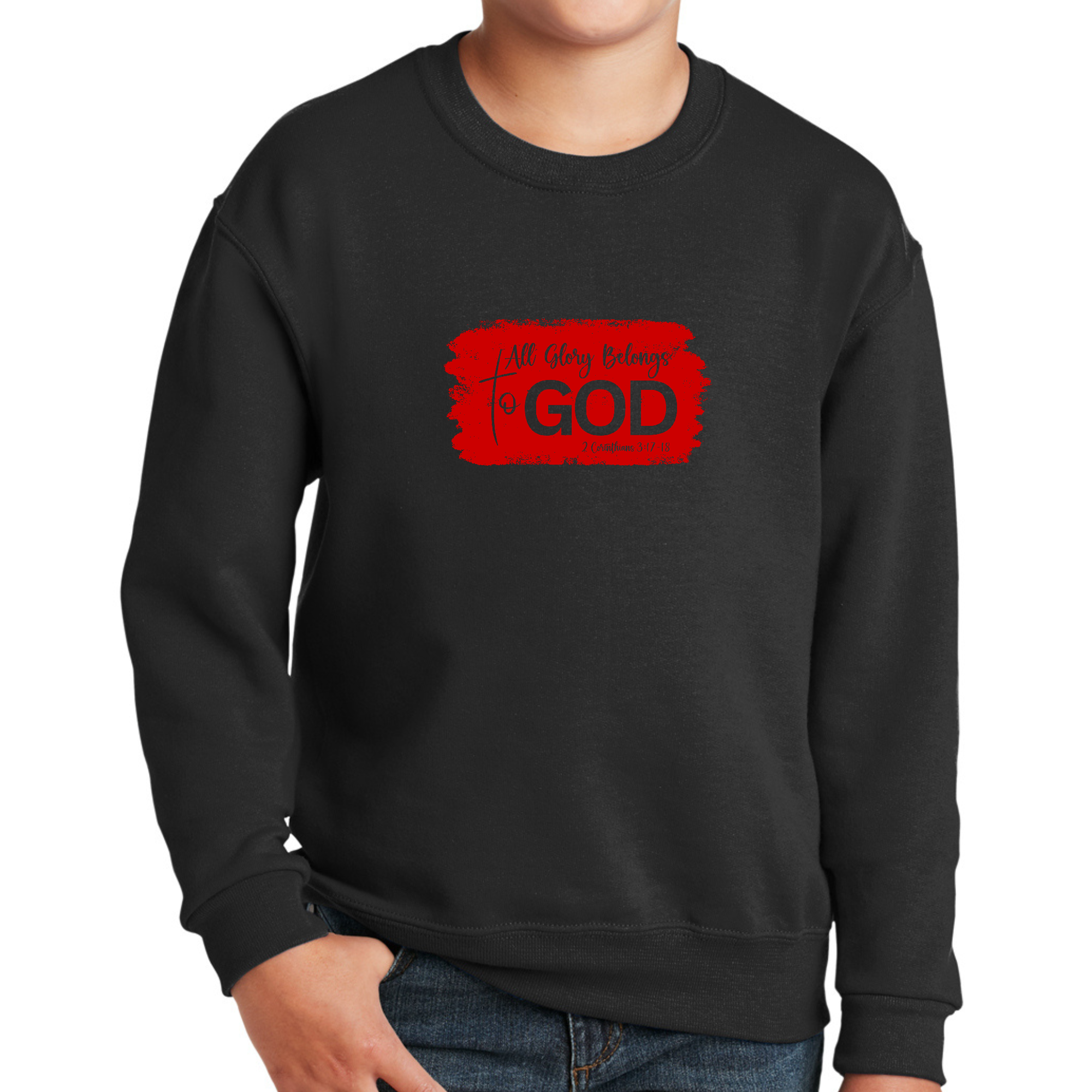 Youth Graphic Sweatshirt in red featuring 'All Glory Belongs to God' design, showcasing long sleeves and ribbed collar.