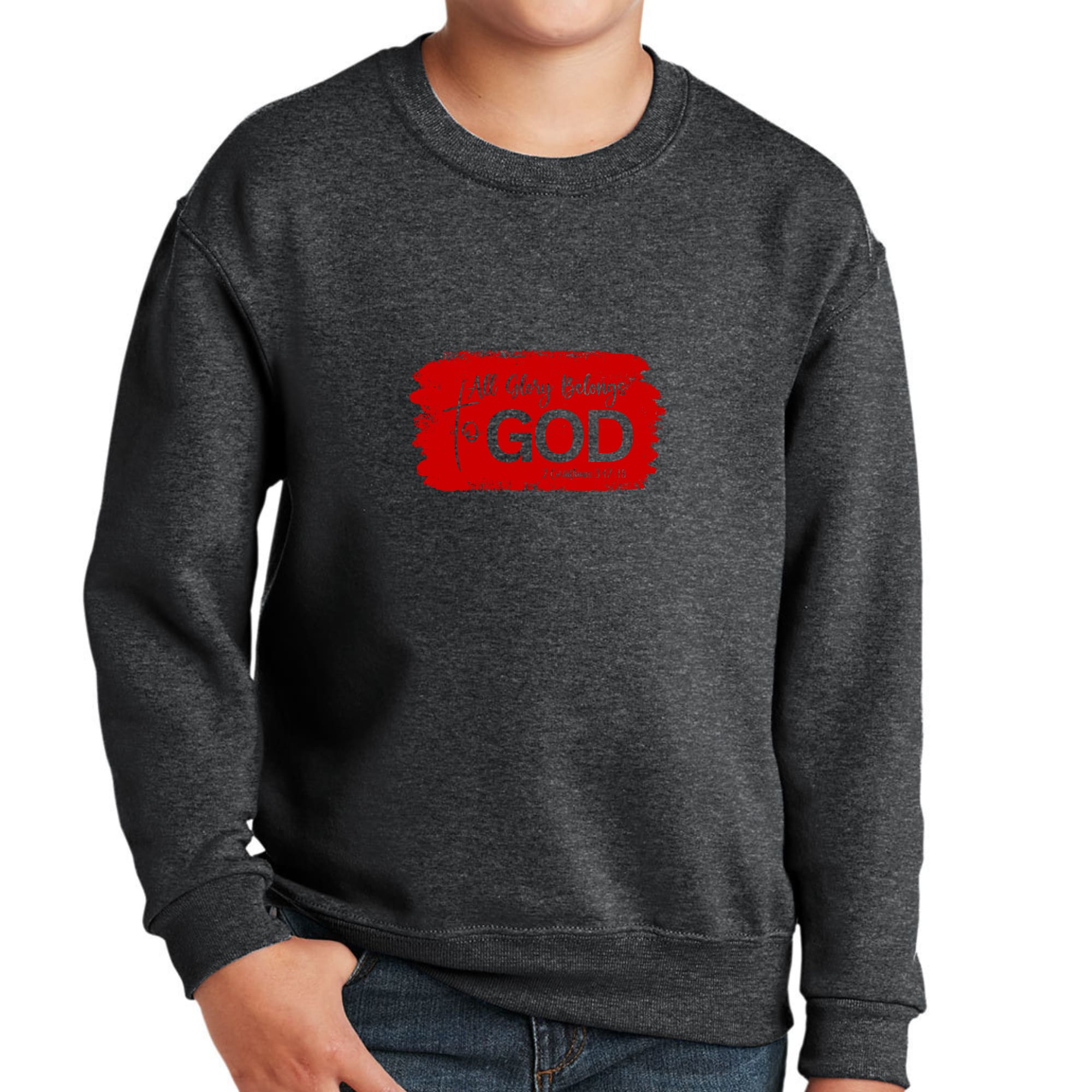 Youth Graphic Sweatshirt in red featuring 'All Glory Belongs to God' design, showcasing long sleeves and ribbed collar.