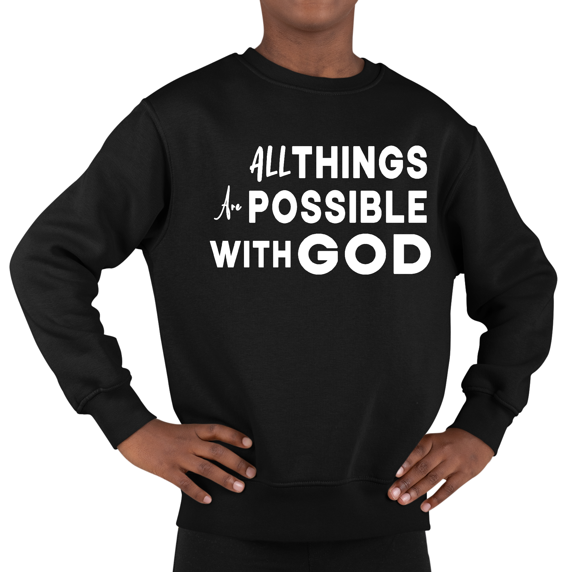 Youth graphic sweatshirt featuring 'All Things are Possible with God' design, made from durable cotton-polyester blend, ideal for boys.