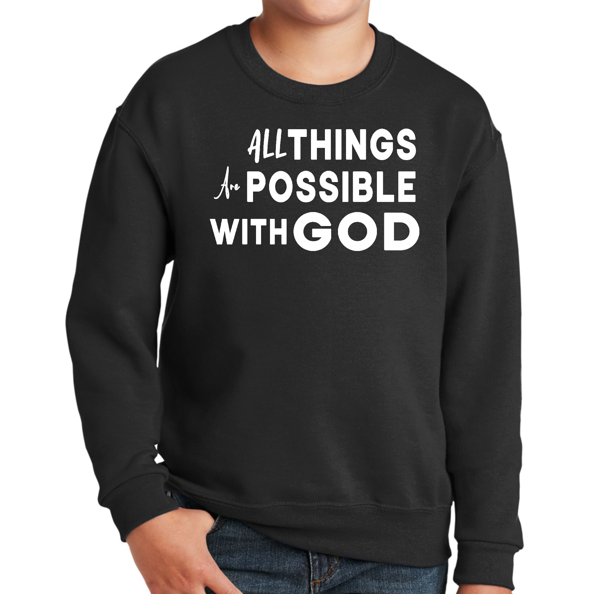 Youth graphic sweatshirt featuring 'All Things are Possible with God' design, made from durable cotton-polyester blend, ideal for boys.