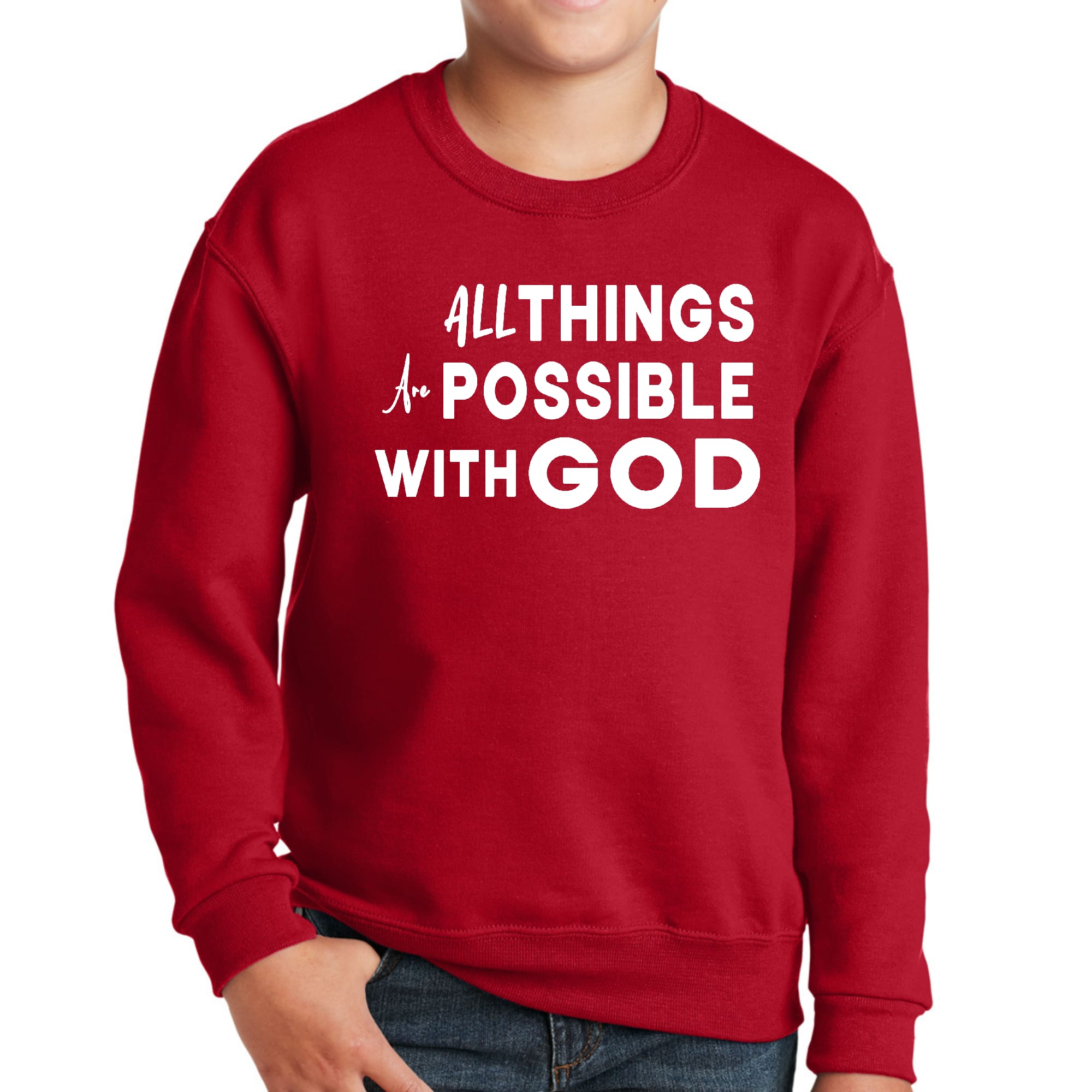 Youth graphic sweatshirt featuring 'All Things are Possible with God' design, made from durable cotton-polyester blend, ideal for boys.