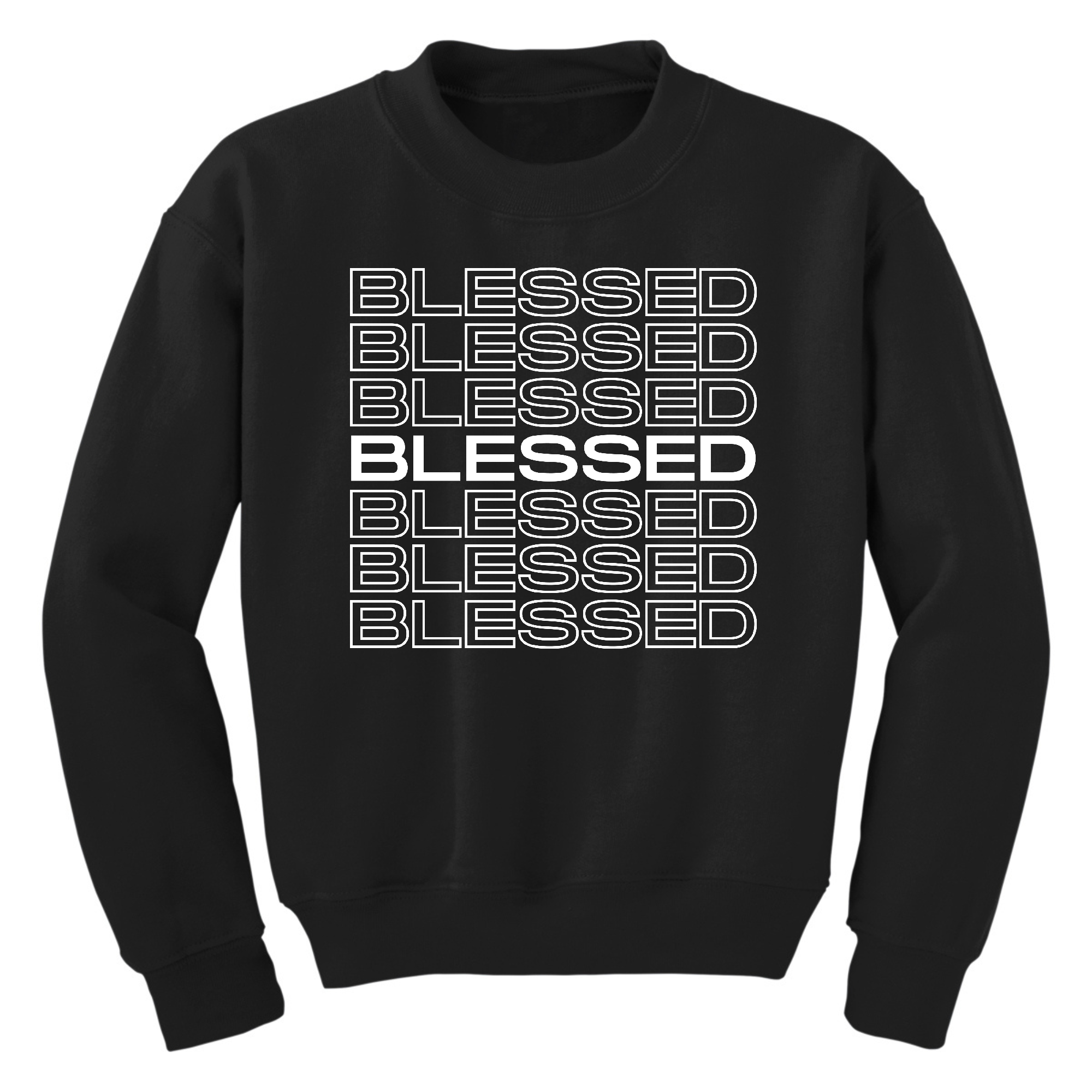 Youth Graphic Sweatshirt featuring a Blessed Stacked Print, showcasing a stylish design with a comfortable fit.