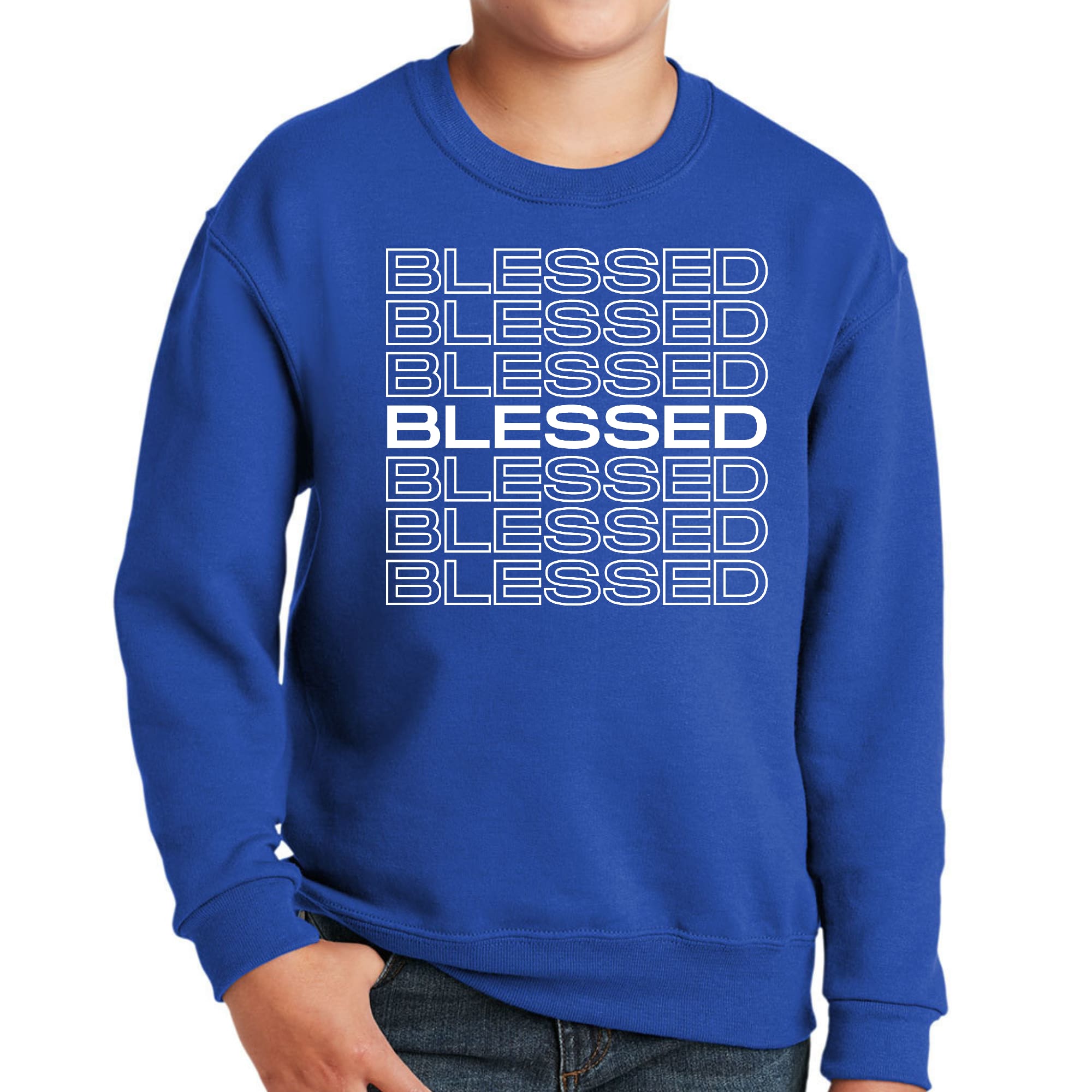 Youth Graphic Sweatshirt featuring a Blessed Stacked Print, showcasing a stylish design with a comfortable fit.