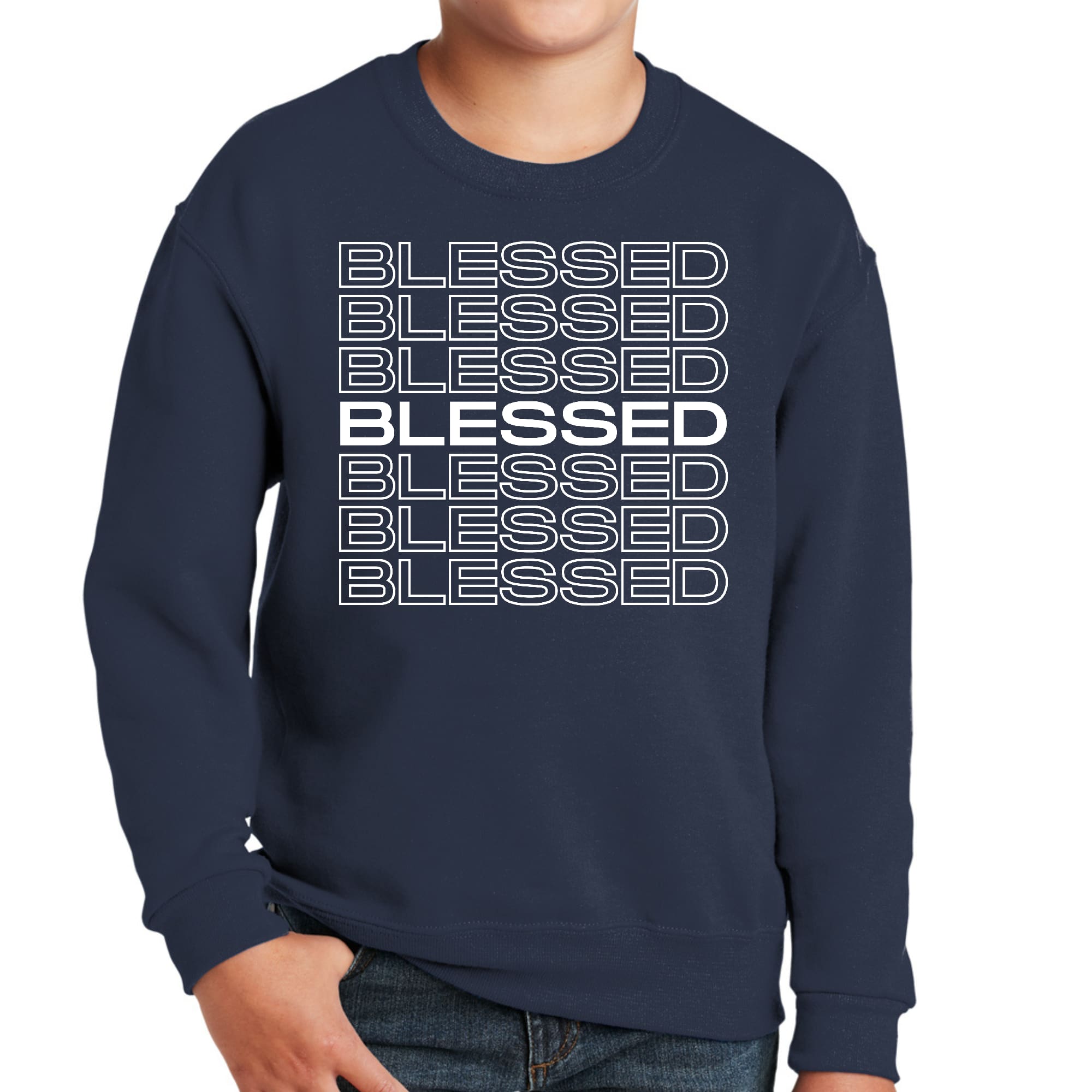 Youth Graphic Sweatshirt featuring a Blessed Stacked Print, showcasing a stylish design with a comfortable fit.