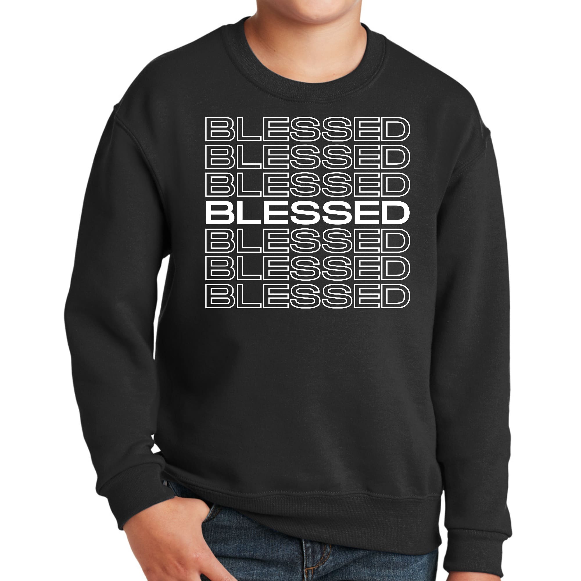 Youth Graphic Sweatshirt featuring a Blessed Stacked Print, showcasing a stylish design with a comfortable fit.