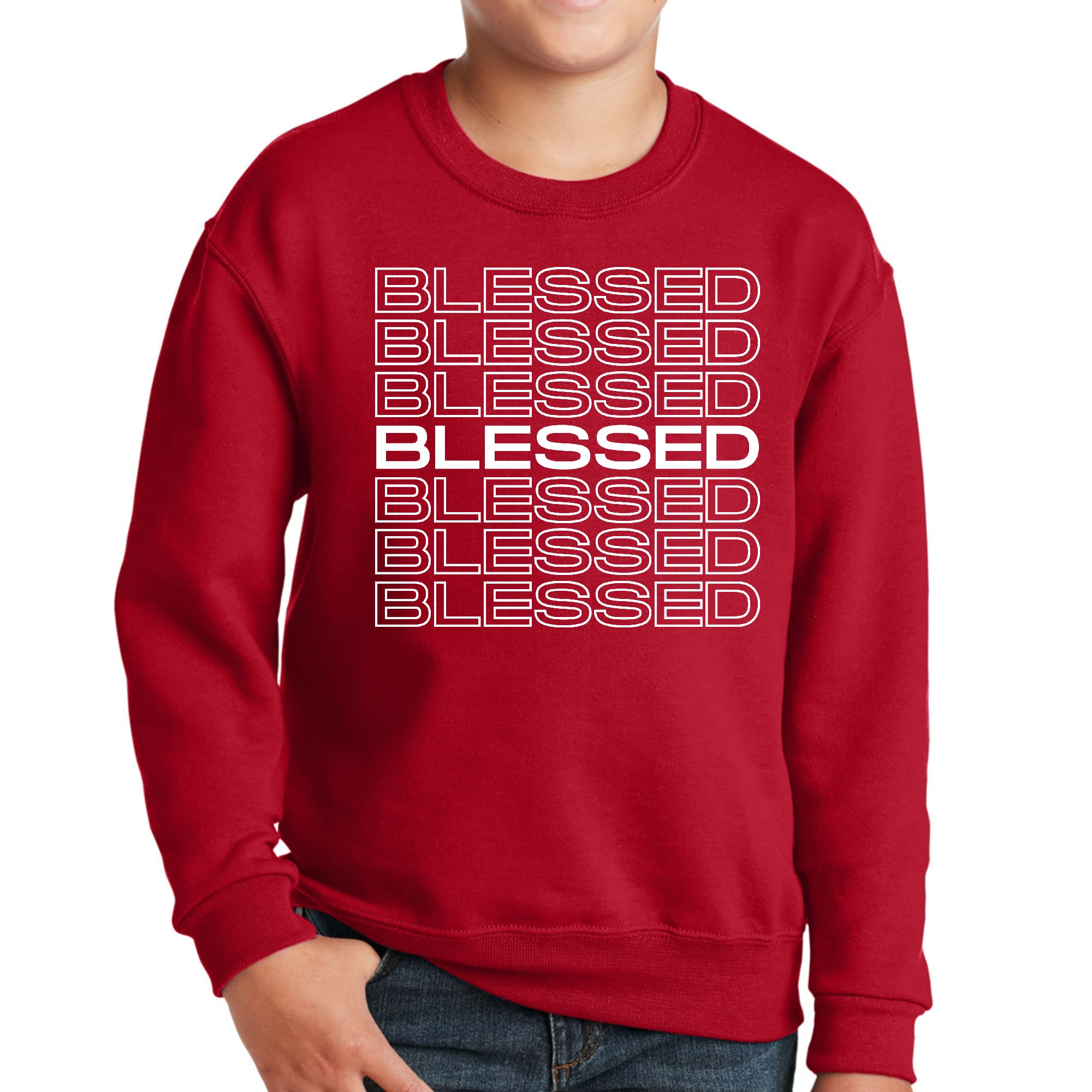 Youth Graphic Sweatshirt featuring a Blessed Stacked Print, showcasing a stylish design with a comfortable fit.