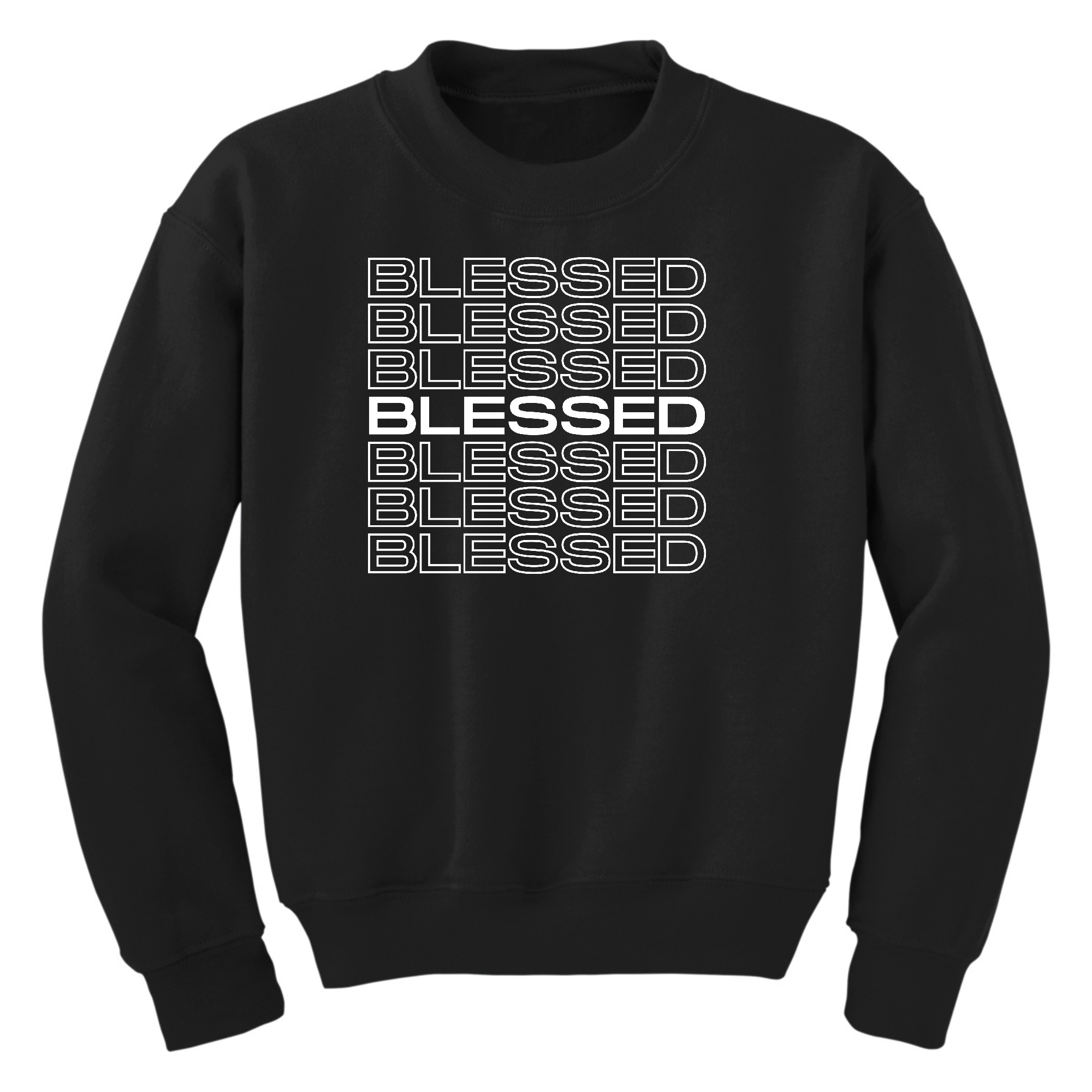 Youth graphic sweatshirt featuring a Blessed Stacked Print design, showcasing a stylish long sleeve crewneck with ribbed details.