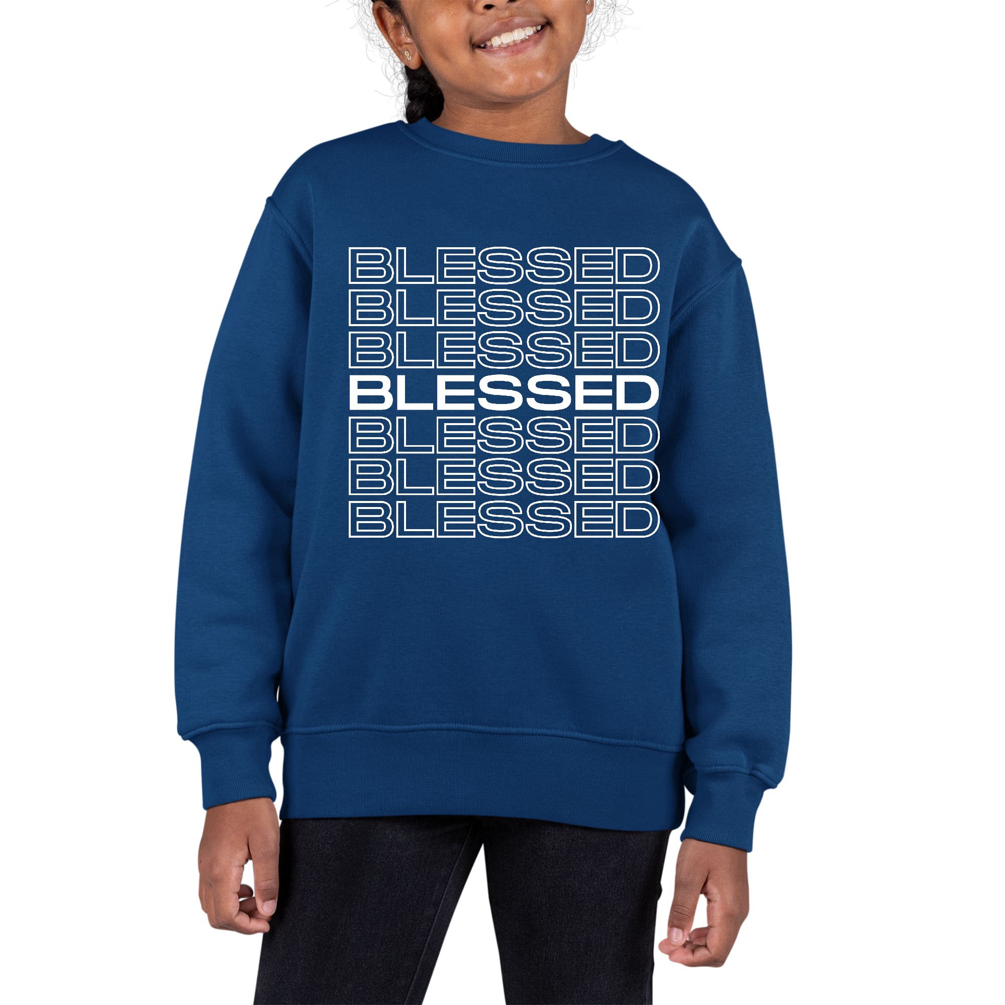 Youth graphic sweatshirt featuring a Blessed Stacked Print design, showcasing a stylish long sleeve crewneck with ribbed details.