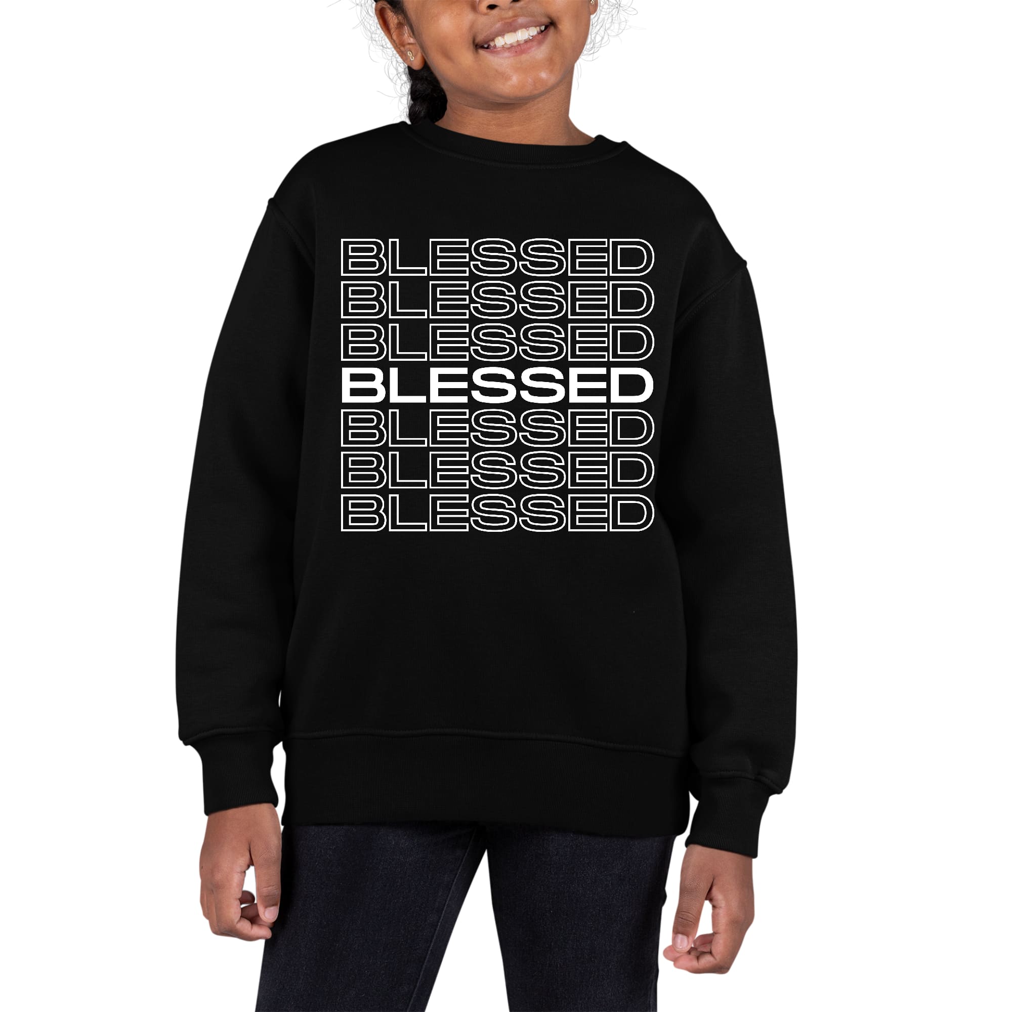 Youth graphic sweatshirt featuring a Blessed Stacked Print design, showcasing a stylish long sleeve crewneck with ribbed details.