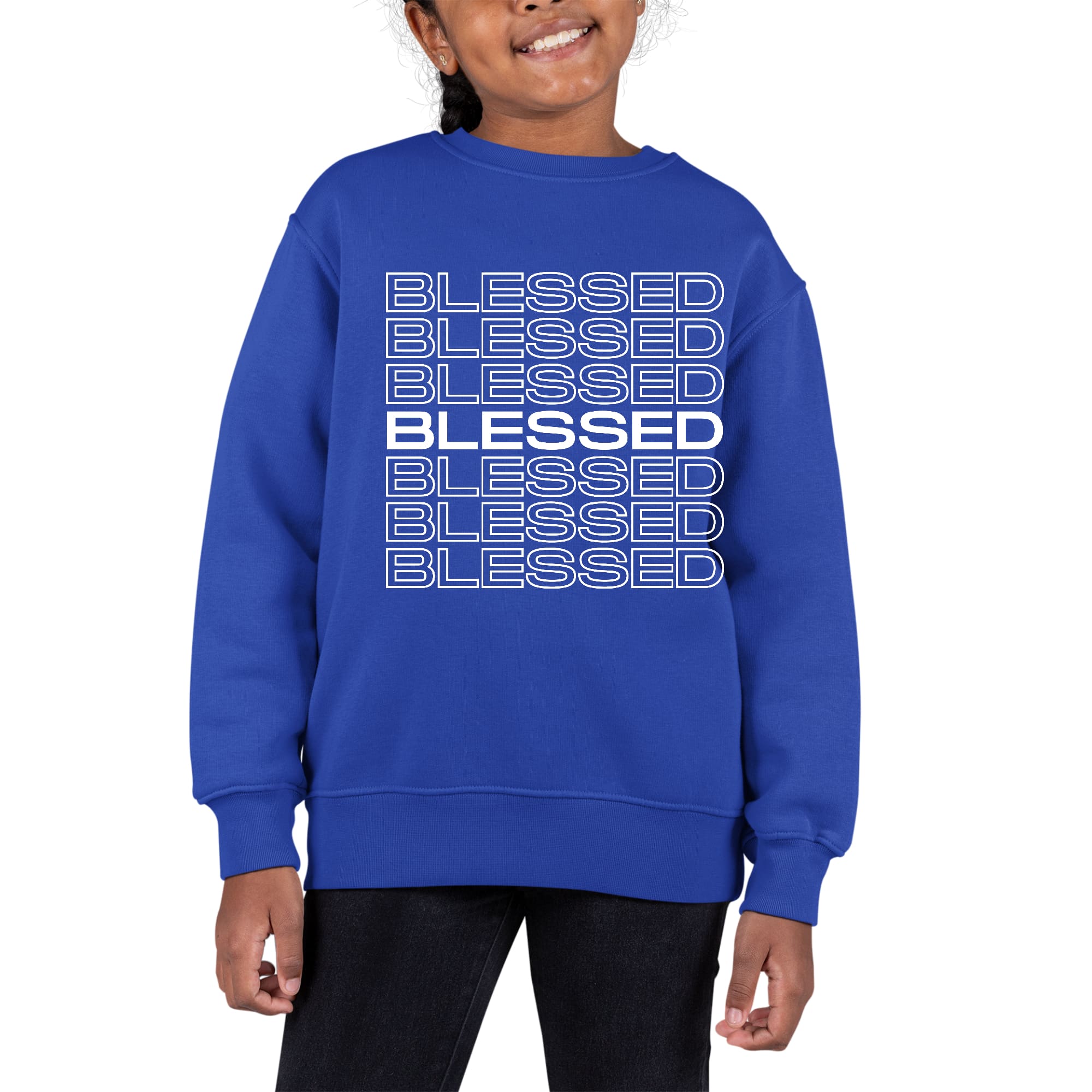 Youth graphic sweatshirt featuring a Blessed Stacked Print design, showcasing a stylish long sleeve crewneck with ribbed details.